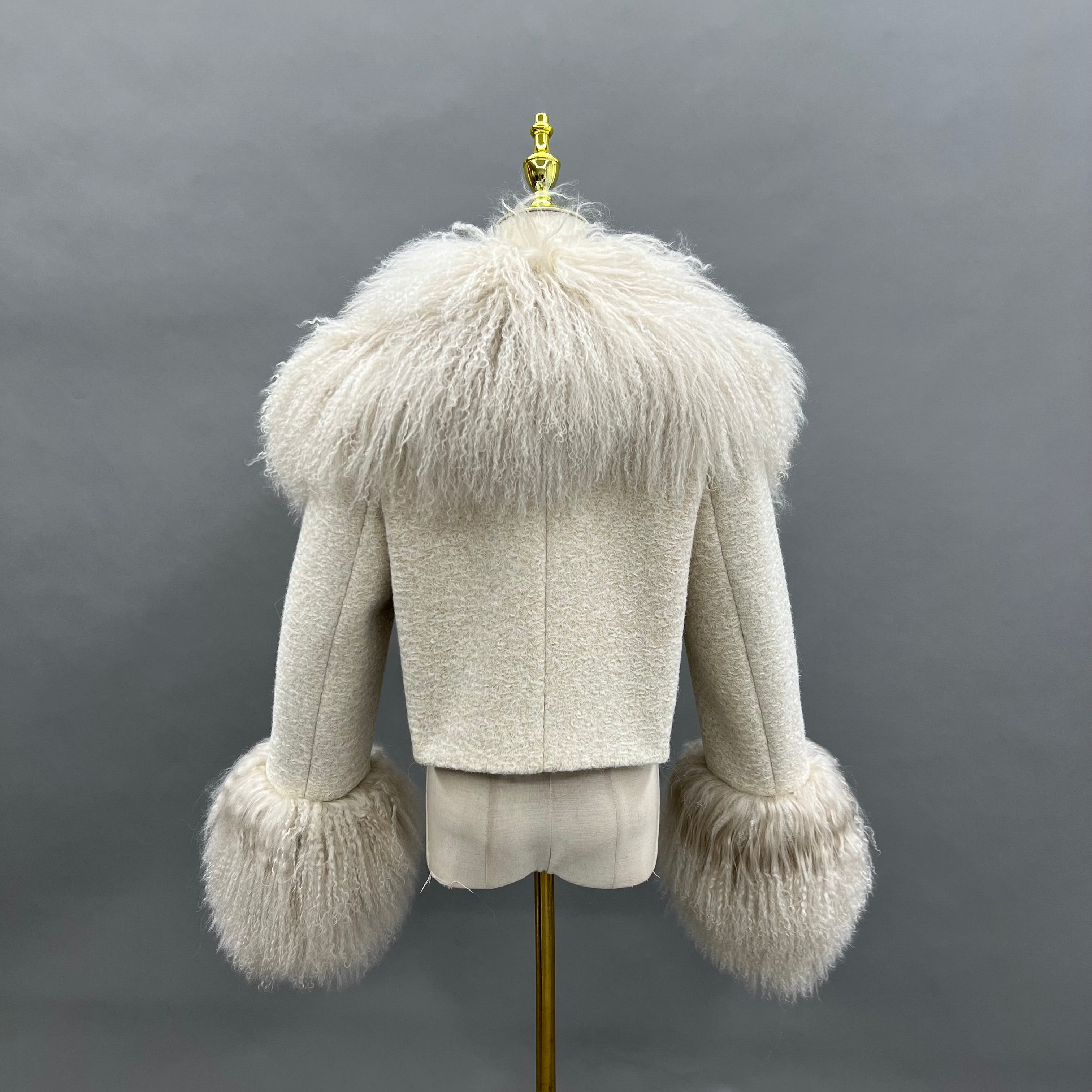 Women's Light Blue Mongolian Lamb Fur Trimmed Jacket – Knit Body with Faux Fur Collar & Pom-Pom Sleeves, Stylish Winter Outerwear