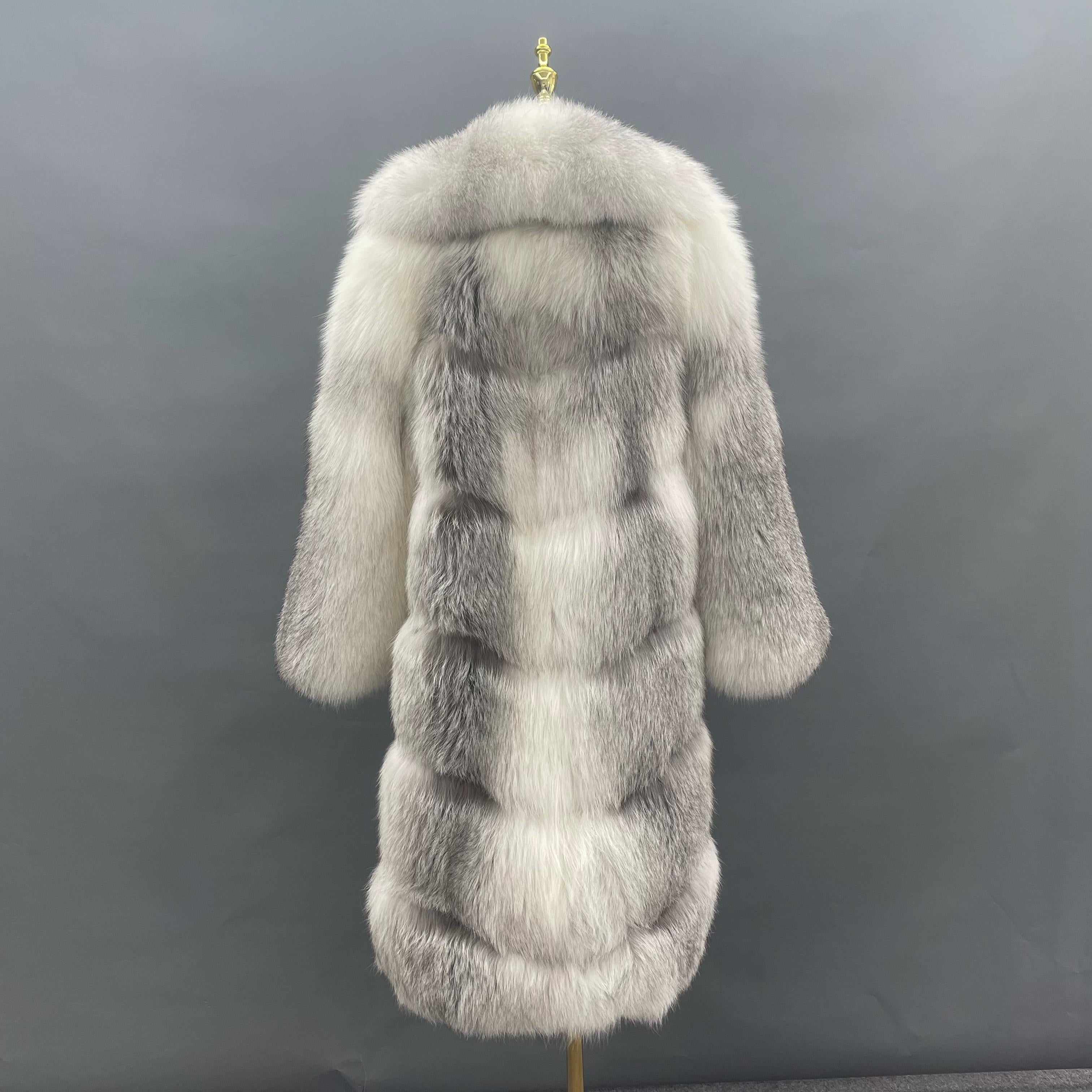 Women's Long Golden Island Fox Fur Coat with Extra Long Collar – Real Luxury Winter Fur Jacket