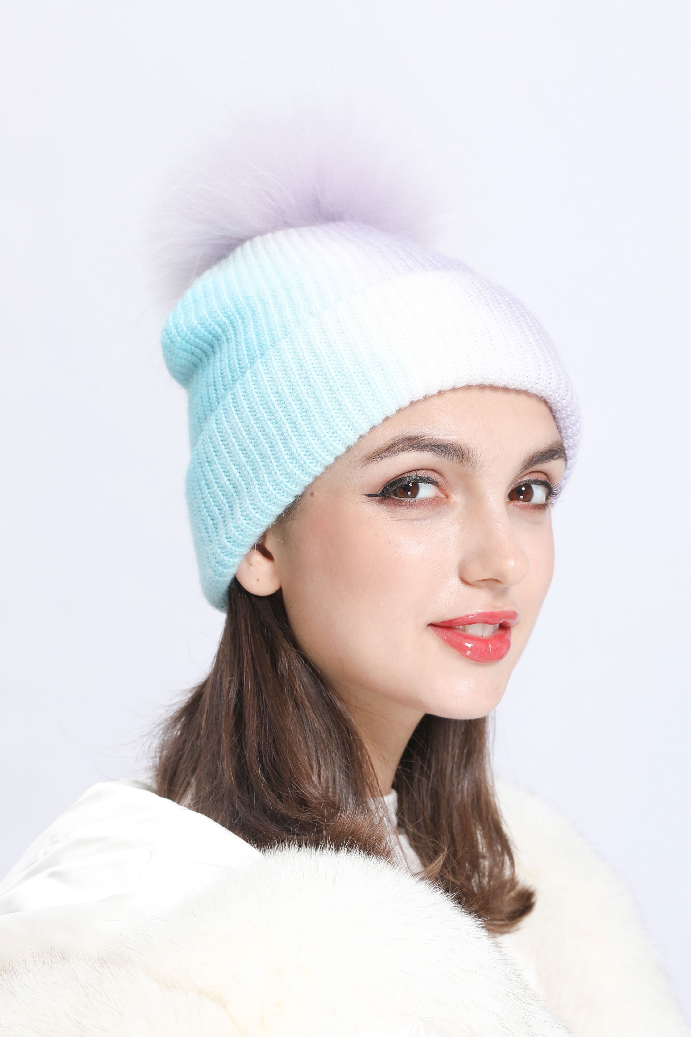 Ladies Gradient Angora Knitted Hat Fur Pom Pom - Janefur