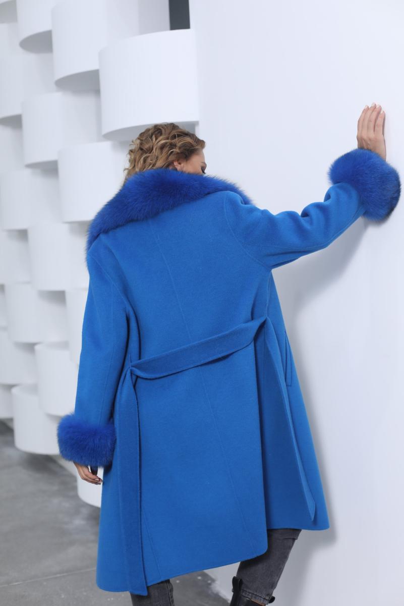 Women's Long Cashmere Coat With Fox Fur Collar And Belt - Janefur