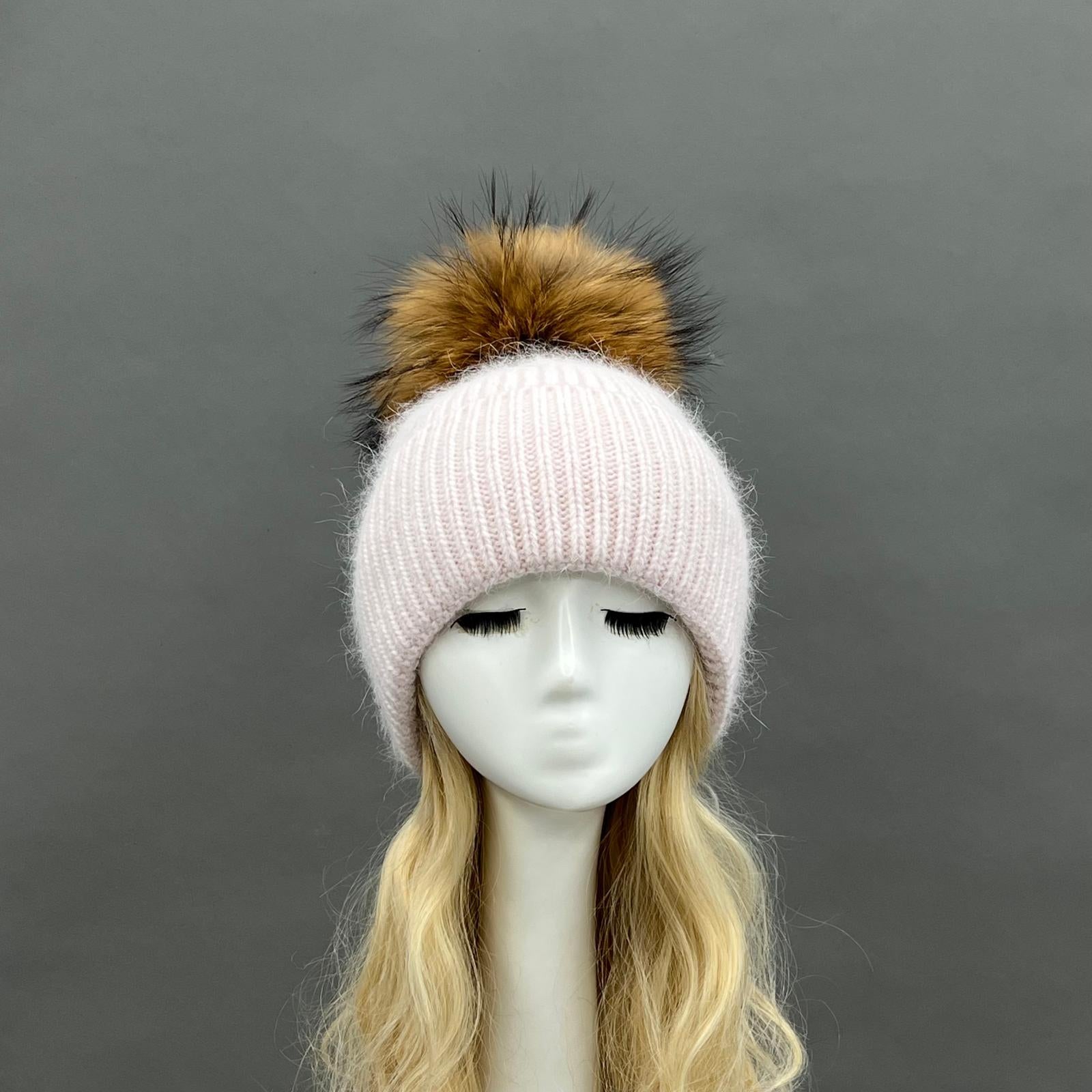 Women's Fashion Thin Striped Rabbit Fur Pom Pom Hat - Janefur