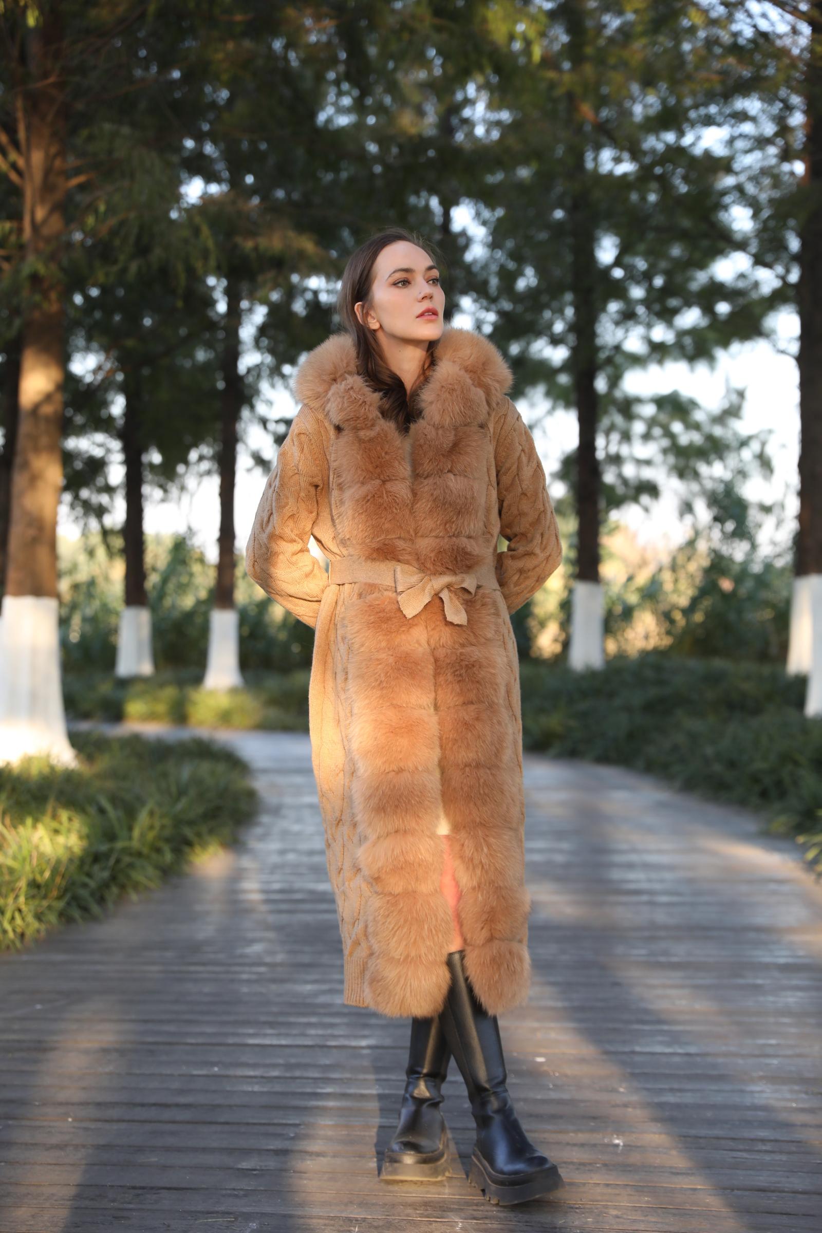 Women's Winter Fox Fur Lapel Hooded Knit Wool Fashion Long Coat - Janefur