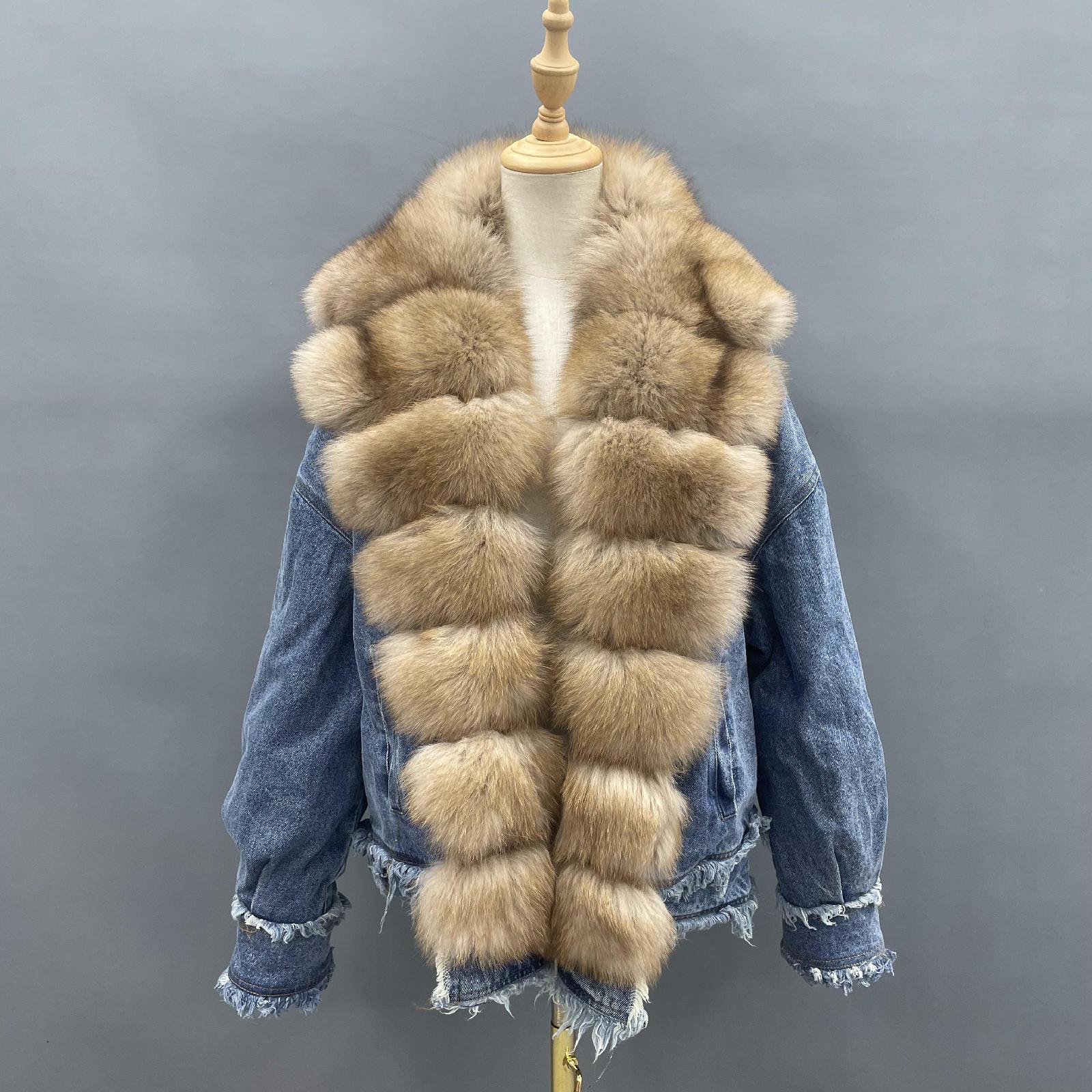 Women's Denim Jacket Leather Large Fox Fur Collar Winter Luxury Coat Fluffy Jacket Denim Blue Down Outerwear - Janefur