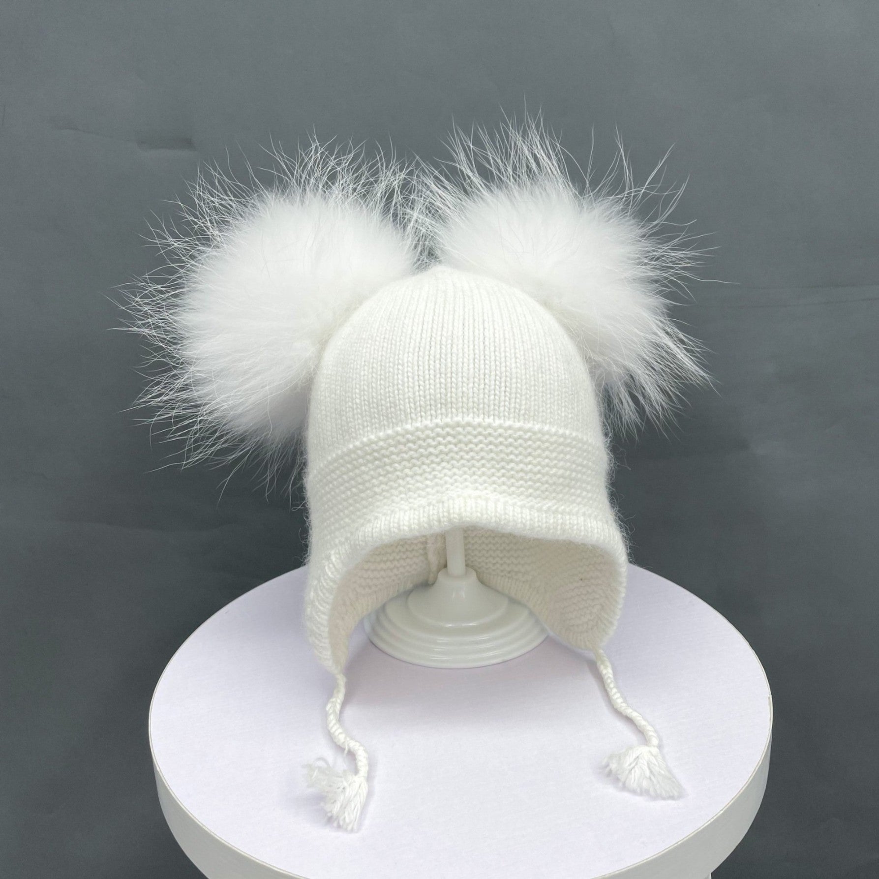 Kids Cute Pigtails Angora Double Raccoon Fur Pom Pom Hat - Janefur