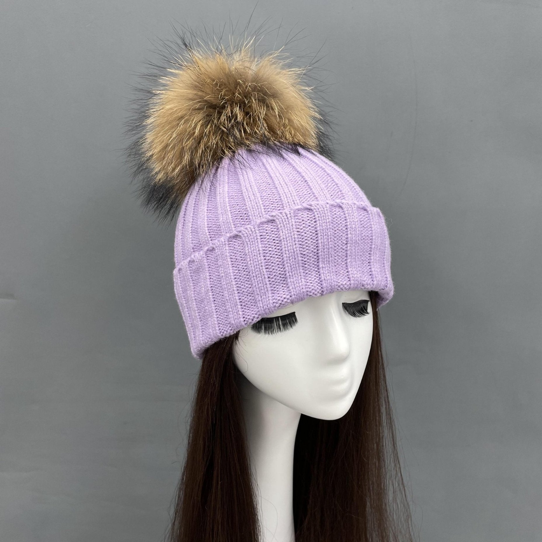 New Fall And Winter Striped With Fur Pom Pom Acrylic Hat - Janefur