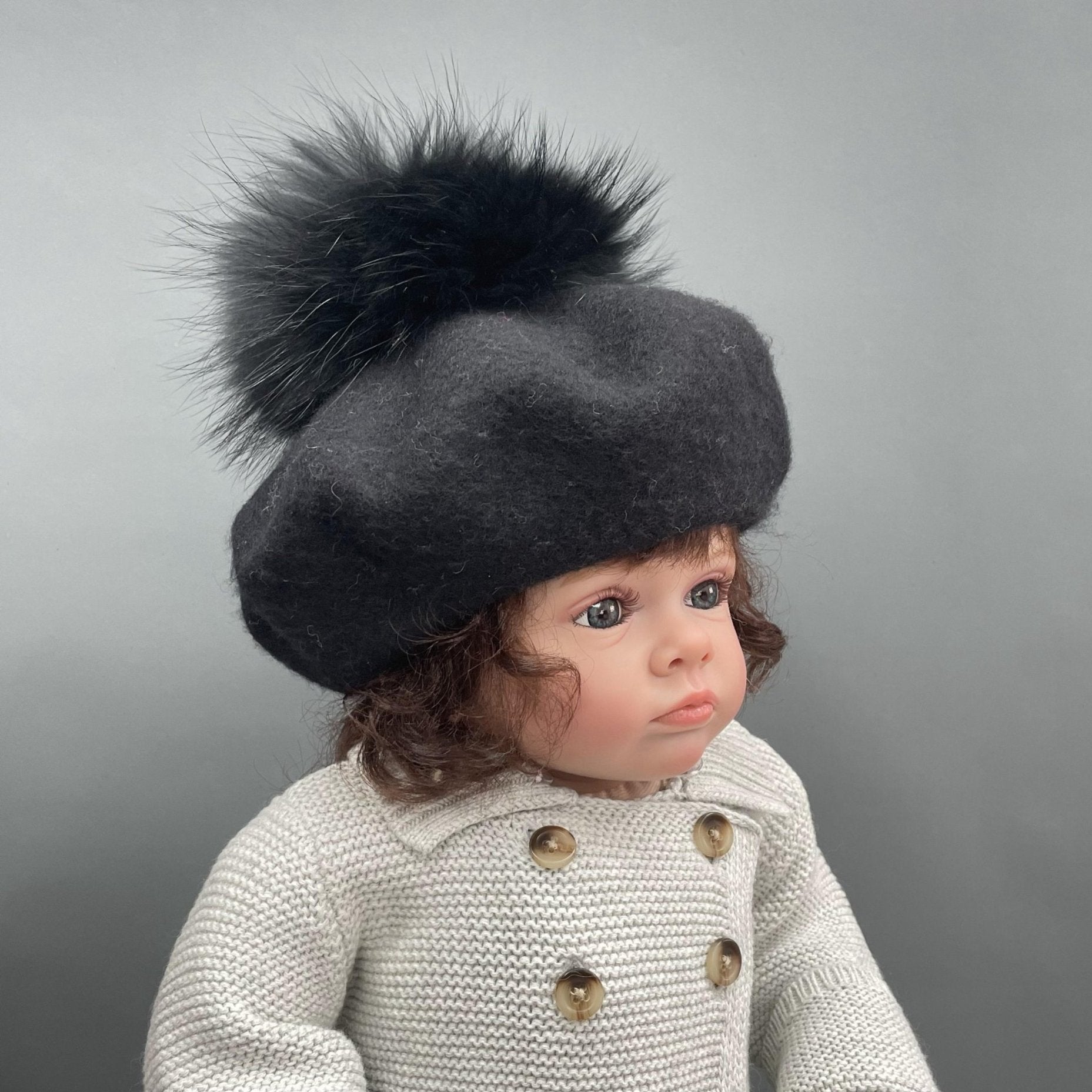 New Children's Autumn and Winter Wool Beret with Fur Pom Pom - Janefur