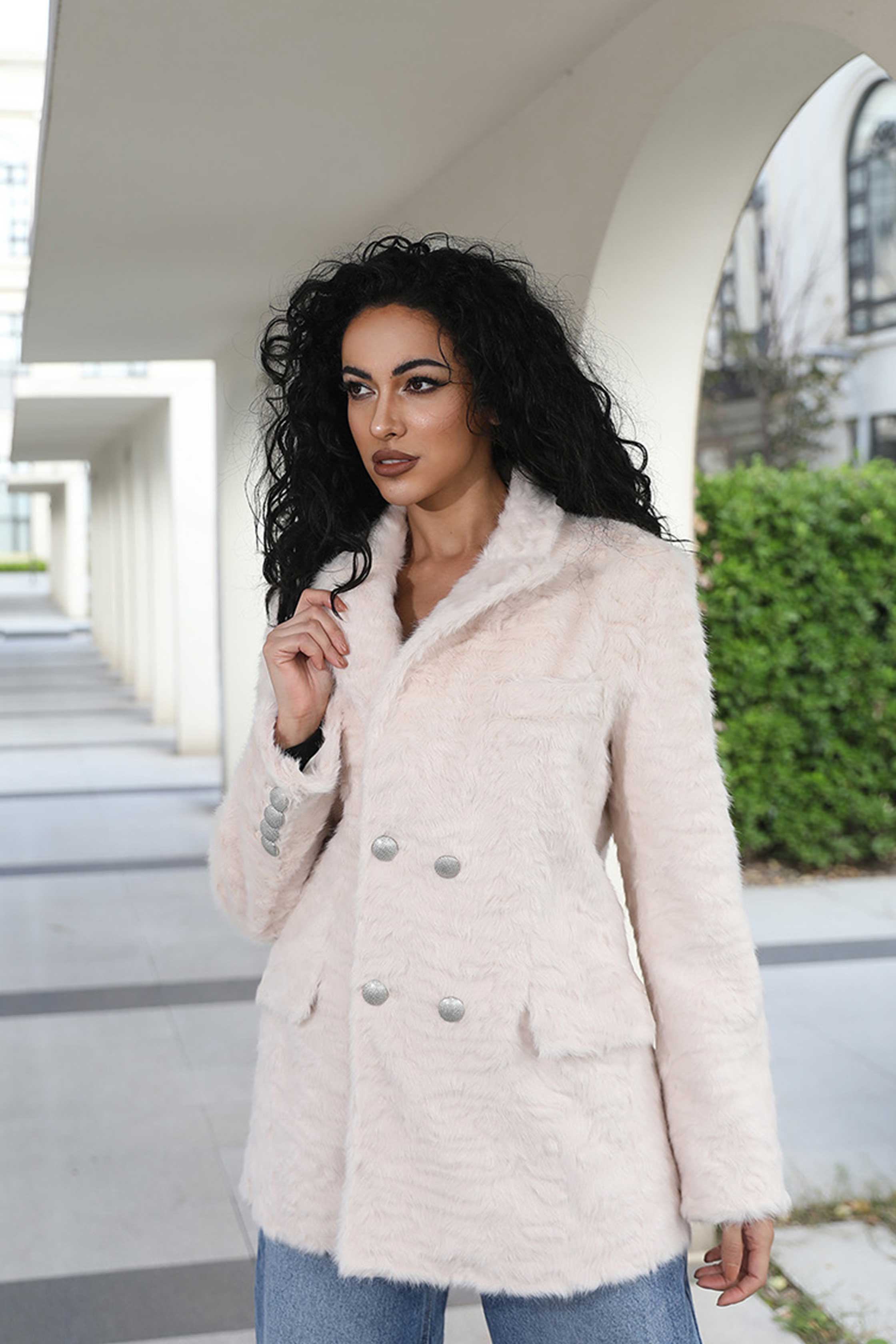 Faux Wool Jacket Women's Blazer Sweet and Cool Collar Eco Friendly Wool Coat - Janefur