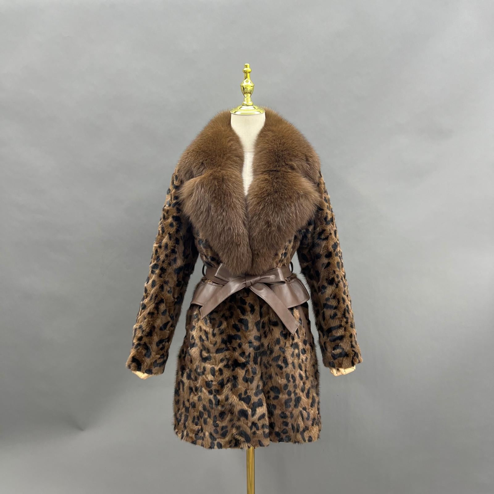 Mink Fur Women's Blazer with Lapel Mid-Length Belted Coat Mink Fur Trimmed Jacket - Janefur