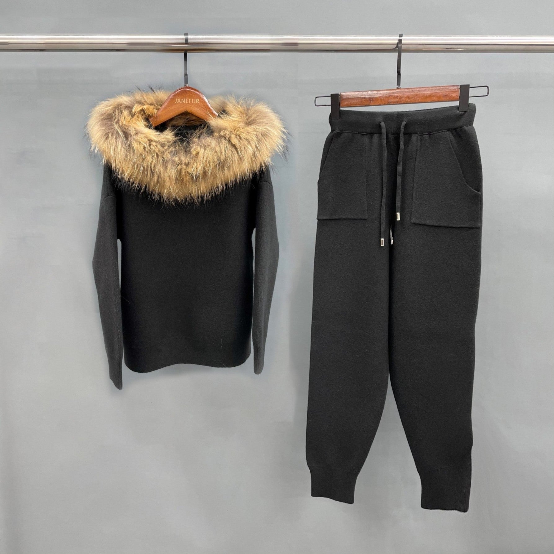 Children's Suit Fall and Winter Fur Collar Hooded Knit Sweatshirt Set - Janefur