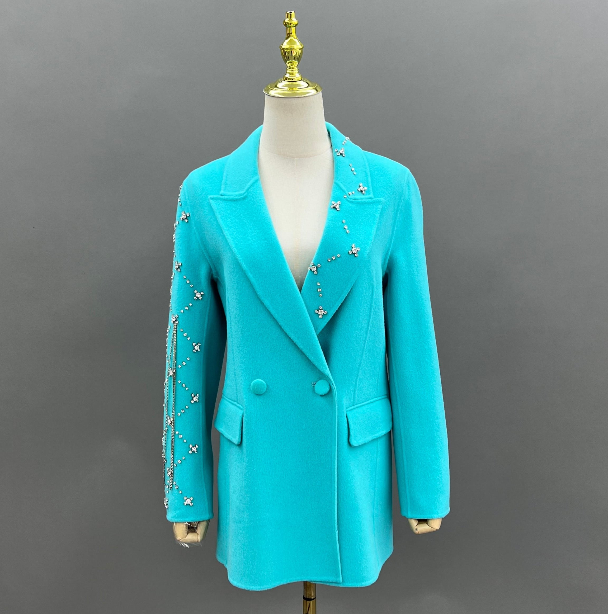 Elegant Pink Double-faced Wool Coat with Single-side Sleeve and Collar Diamond Embellishments - Janefur