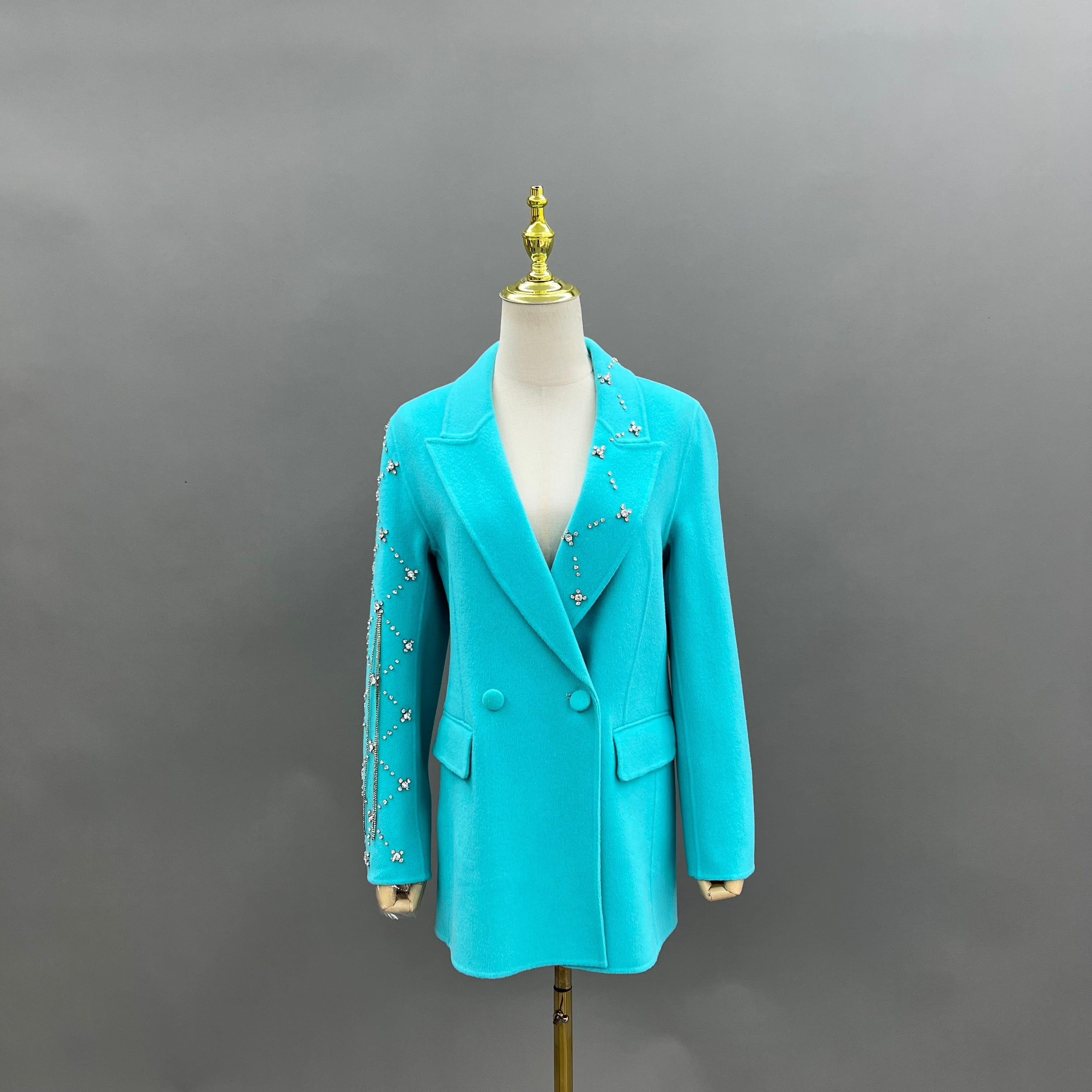 Elegant Pink Double-faced Wool Coat with Single-side Sleeve and Collar Diamond Embellishments - Janefur