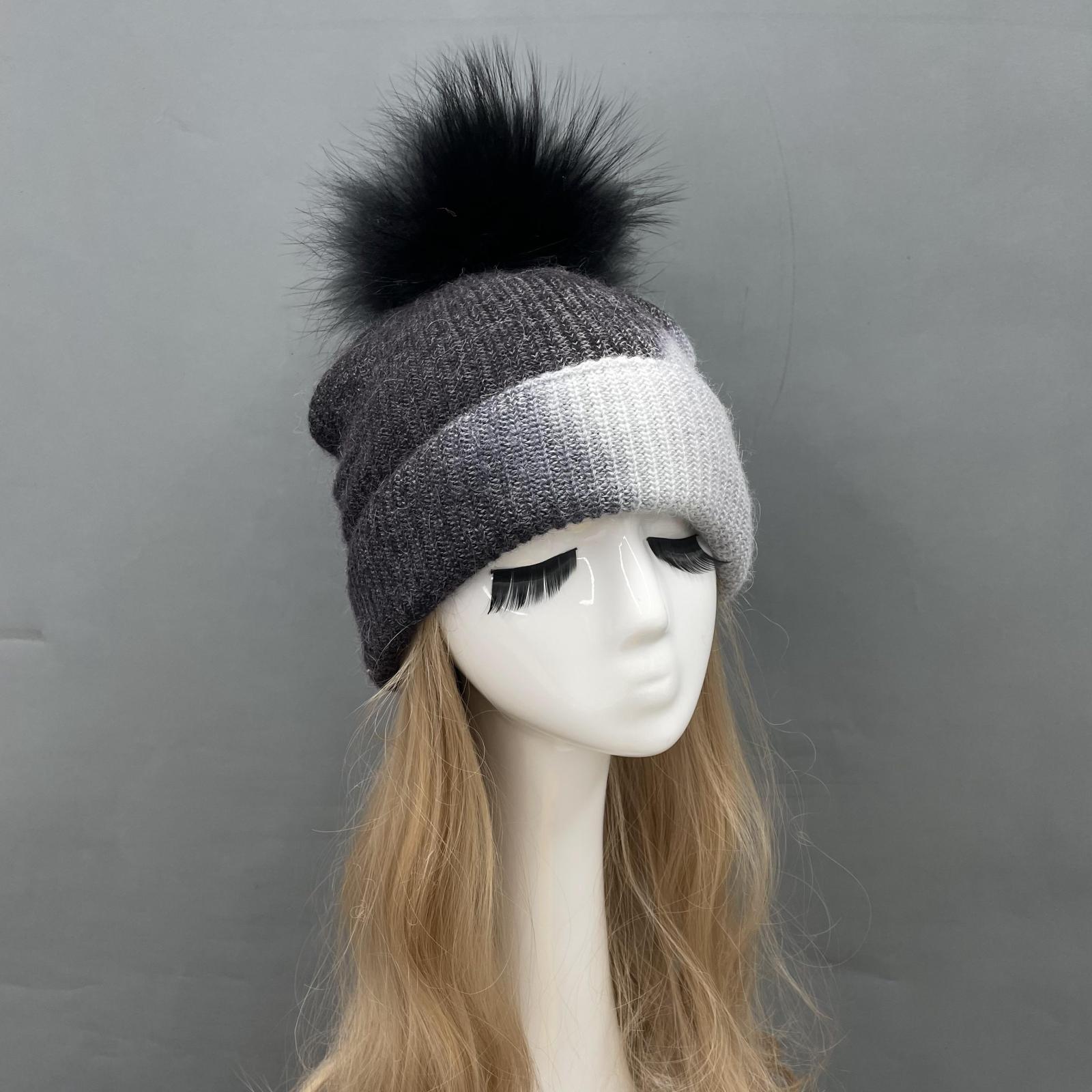 Ladies Gradient Angora Knitted Hat Fur Pom Pom - Janefur