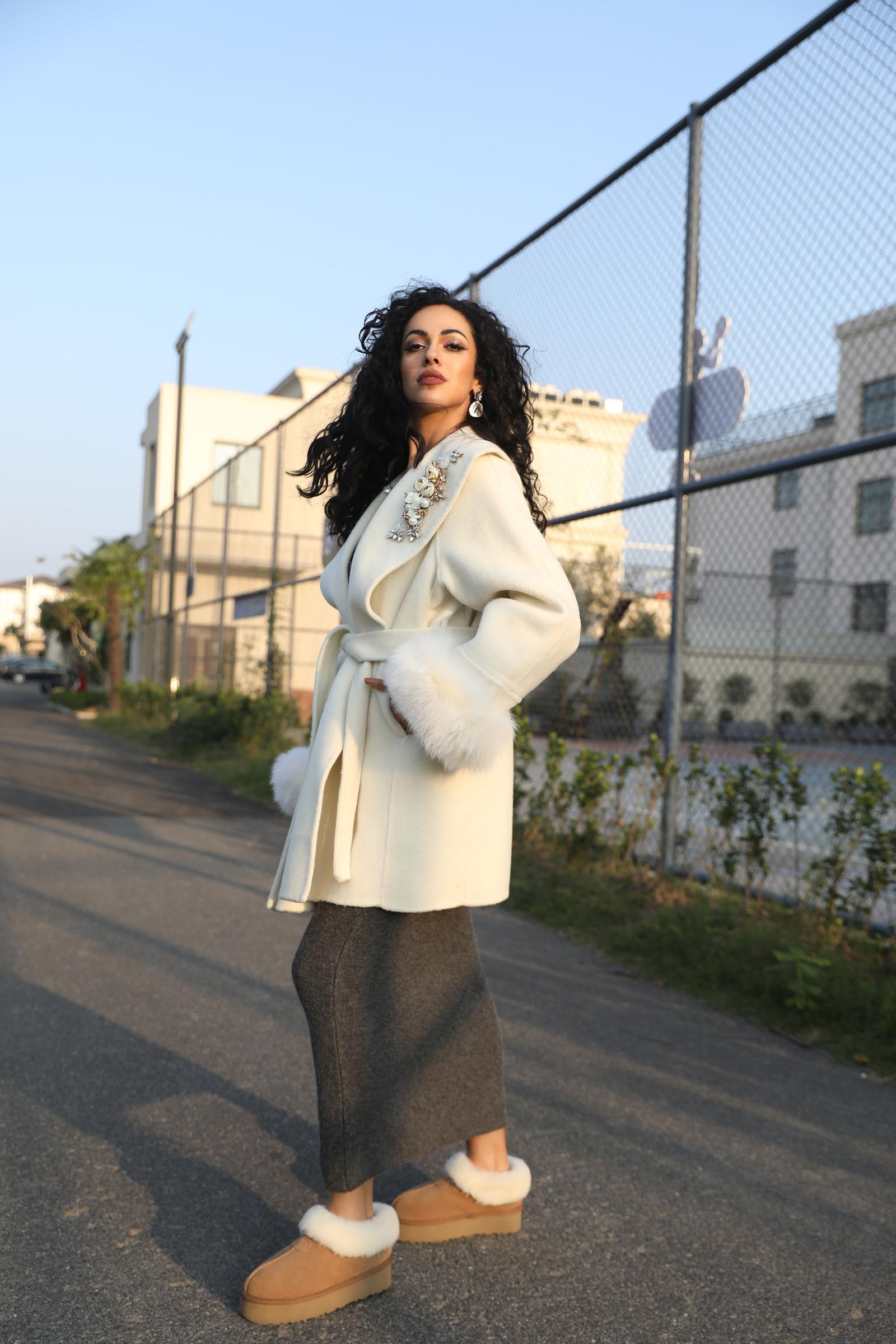 Double-Faced Wool Coat for Women with Elegant Shawl Collar and Rhinestone Flowers Double-Faced Cashmere Jacket - Janefur