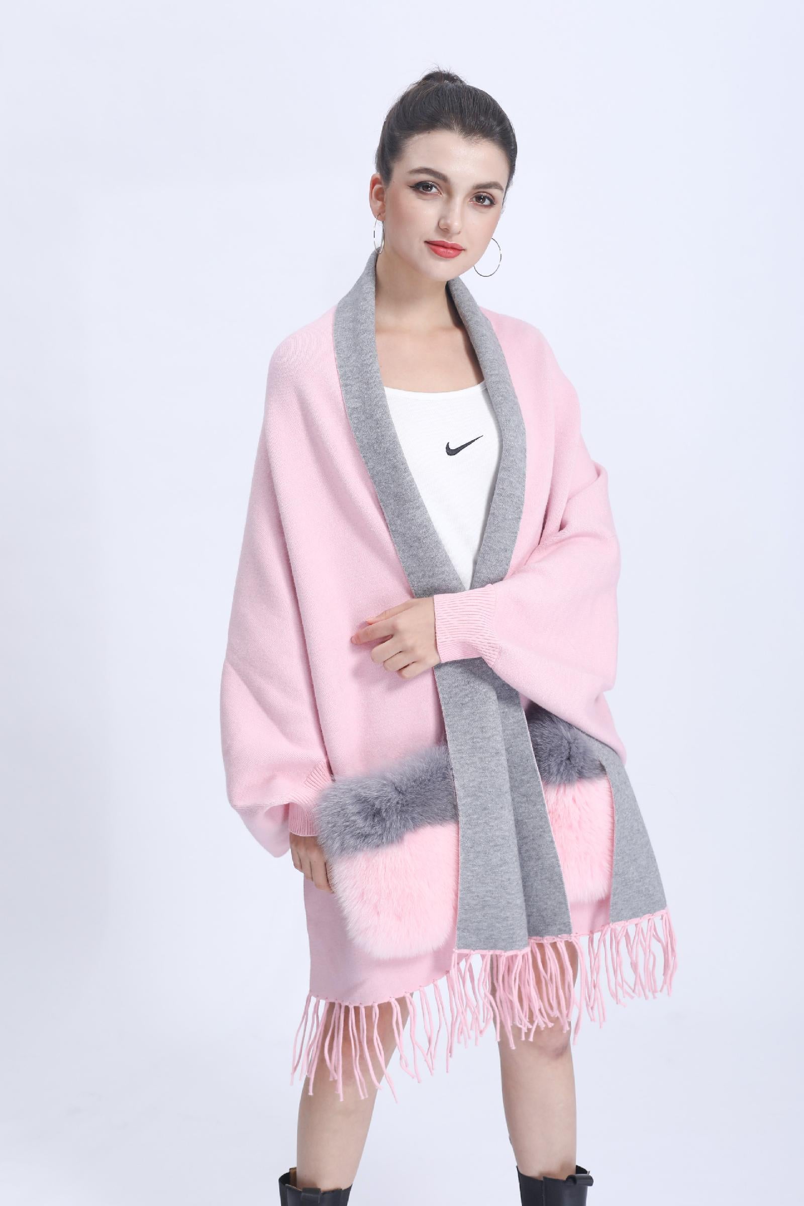 Women's Shawl Cape with Pockets Fur Contrast Ribbed Cuffs Fashionable Soft Sleeved New Cape - Janefur