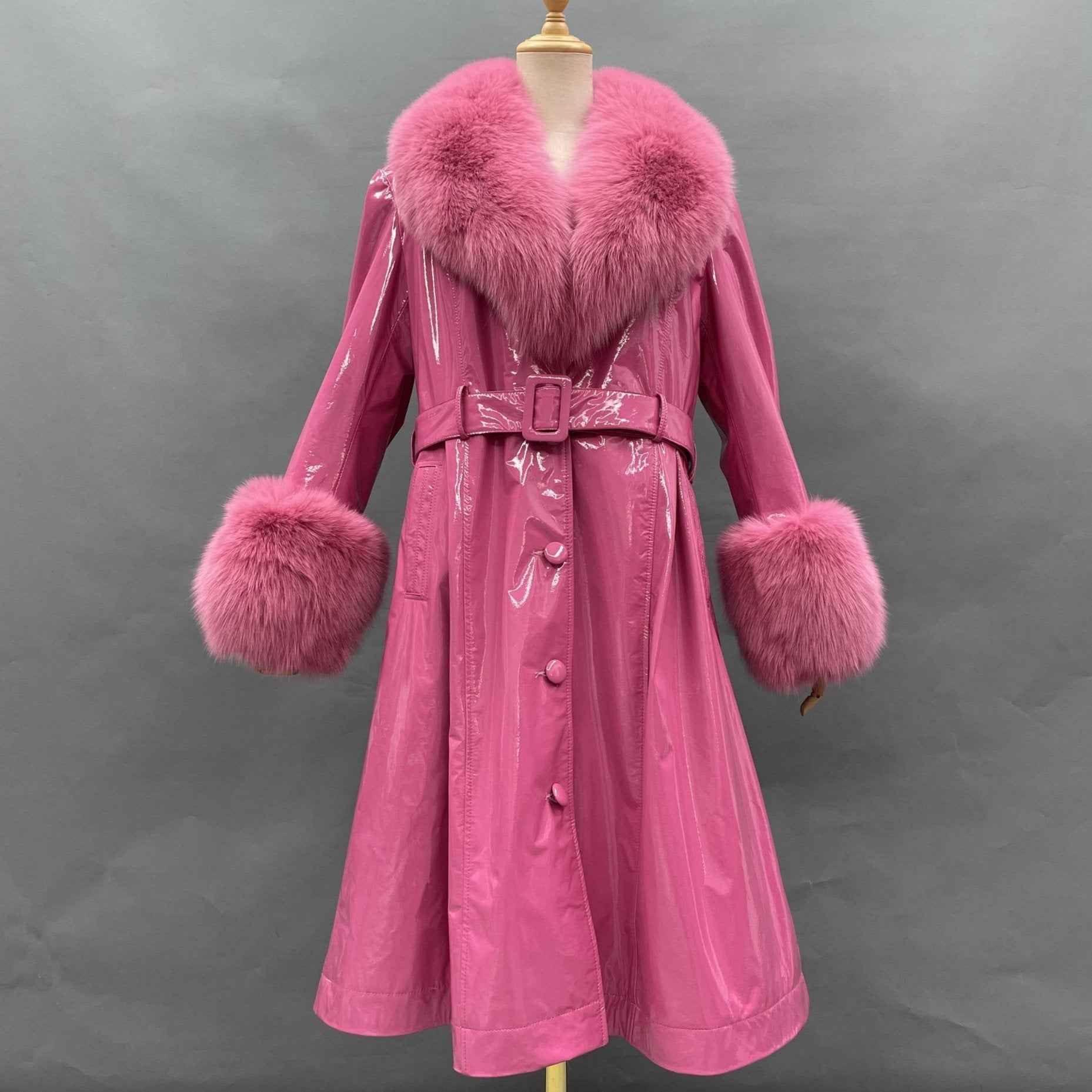 Women's Winter Large Flip Lapel Collar Fur Terry Long Shiny Leather Jacket - Janefur