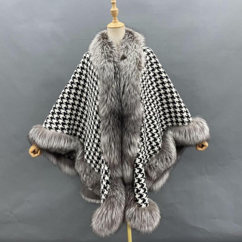 Houndstooth Fox Fur Stripe Cape - Janefur
