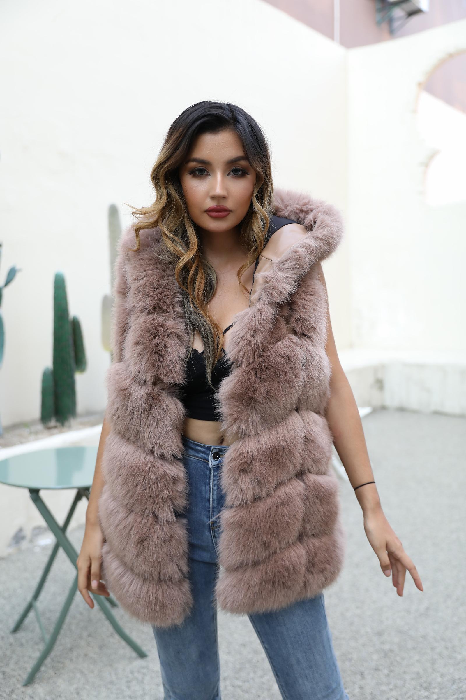 Women's Hooded Vest for Spring and Autumn Faux Fur Vest Eco Fur Coat - Janefur