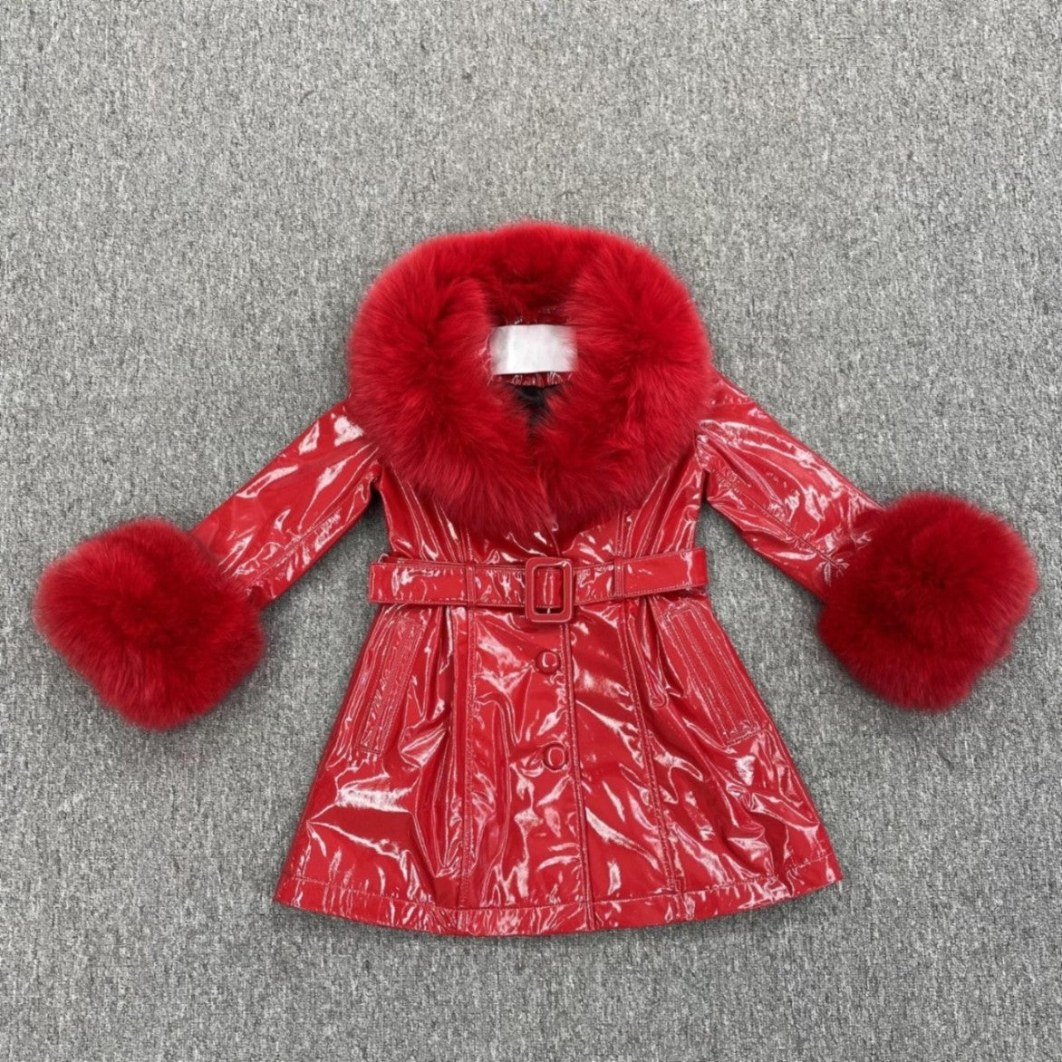 Children's Large Flip Collar Collar Terry Long Shiny Leather Jacket - Janefur