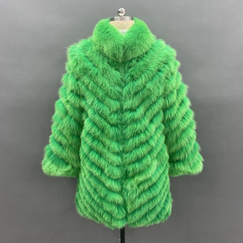 Reversible Long Jacket With Fox Fur And Diagonal Stripes - Janefur