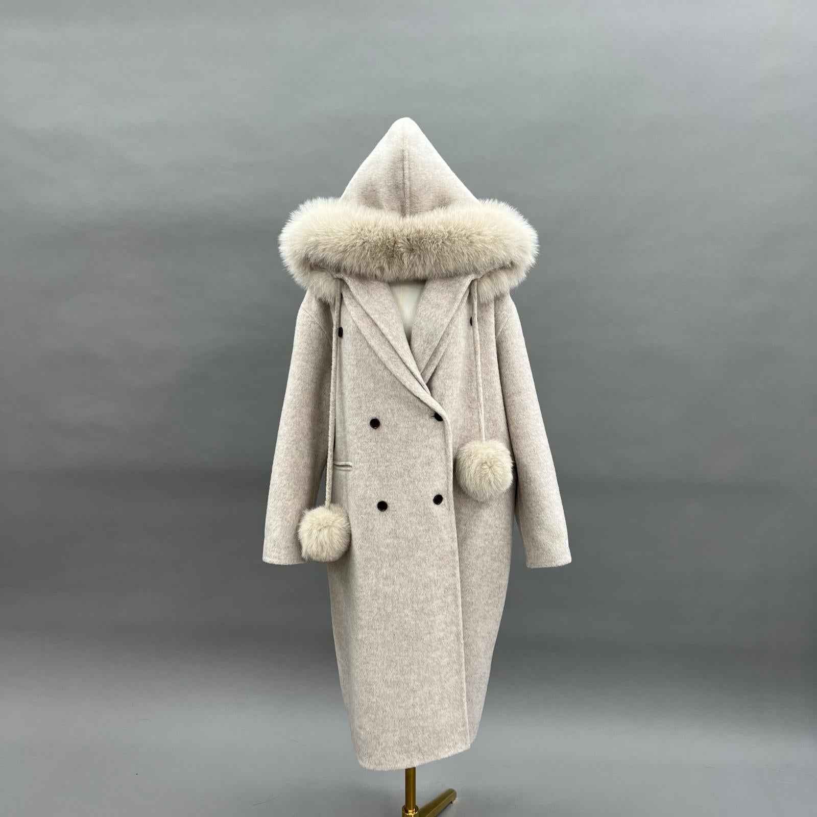 Double-Faced Wool Coat for Women Fashionable Removable Hat Long Double-Faced Wool Outer Coat - Janefur