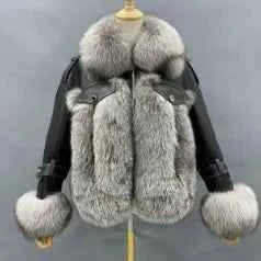 Real Fox Fur Collar Women's Short Fox Fur Stitching Leather Winter Short Coat - Janefur