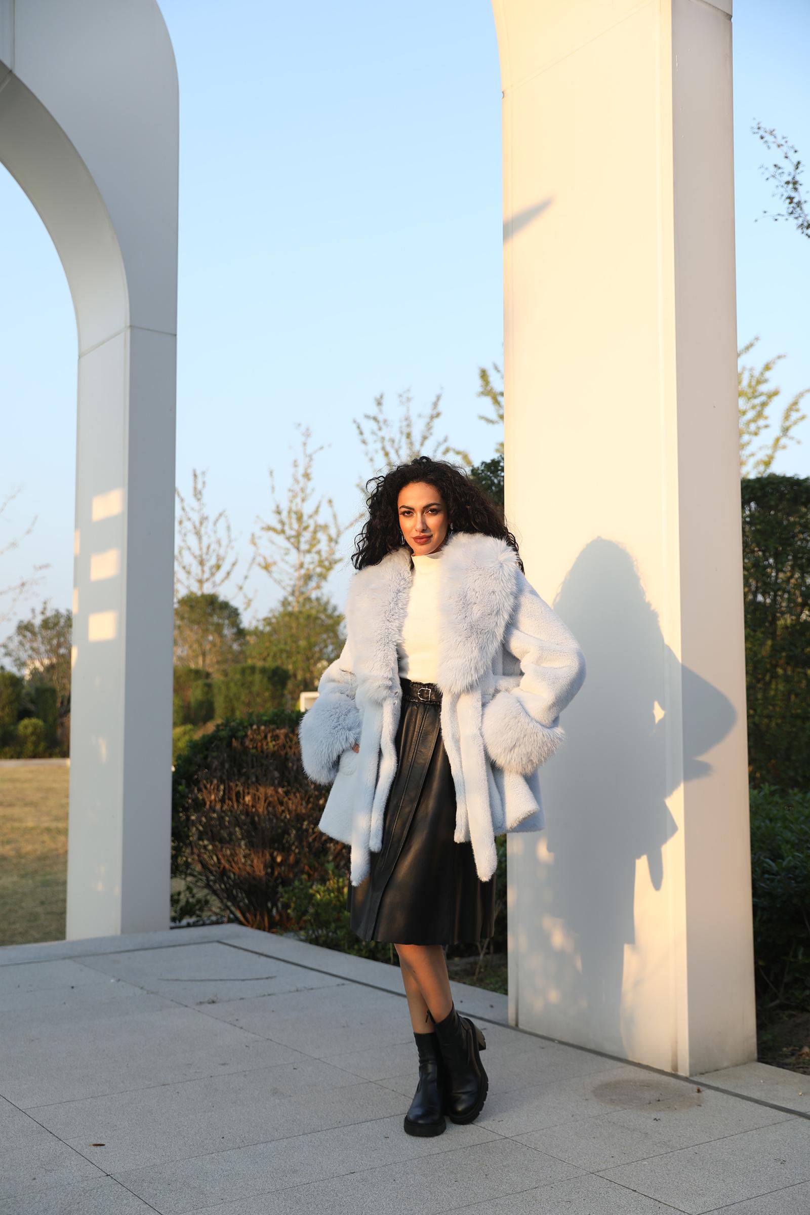 Eco-friendly Mink Fur Faux Mink Fur Shawl Collar Skirt Hem Women's Winter Coat - Janefur