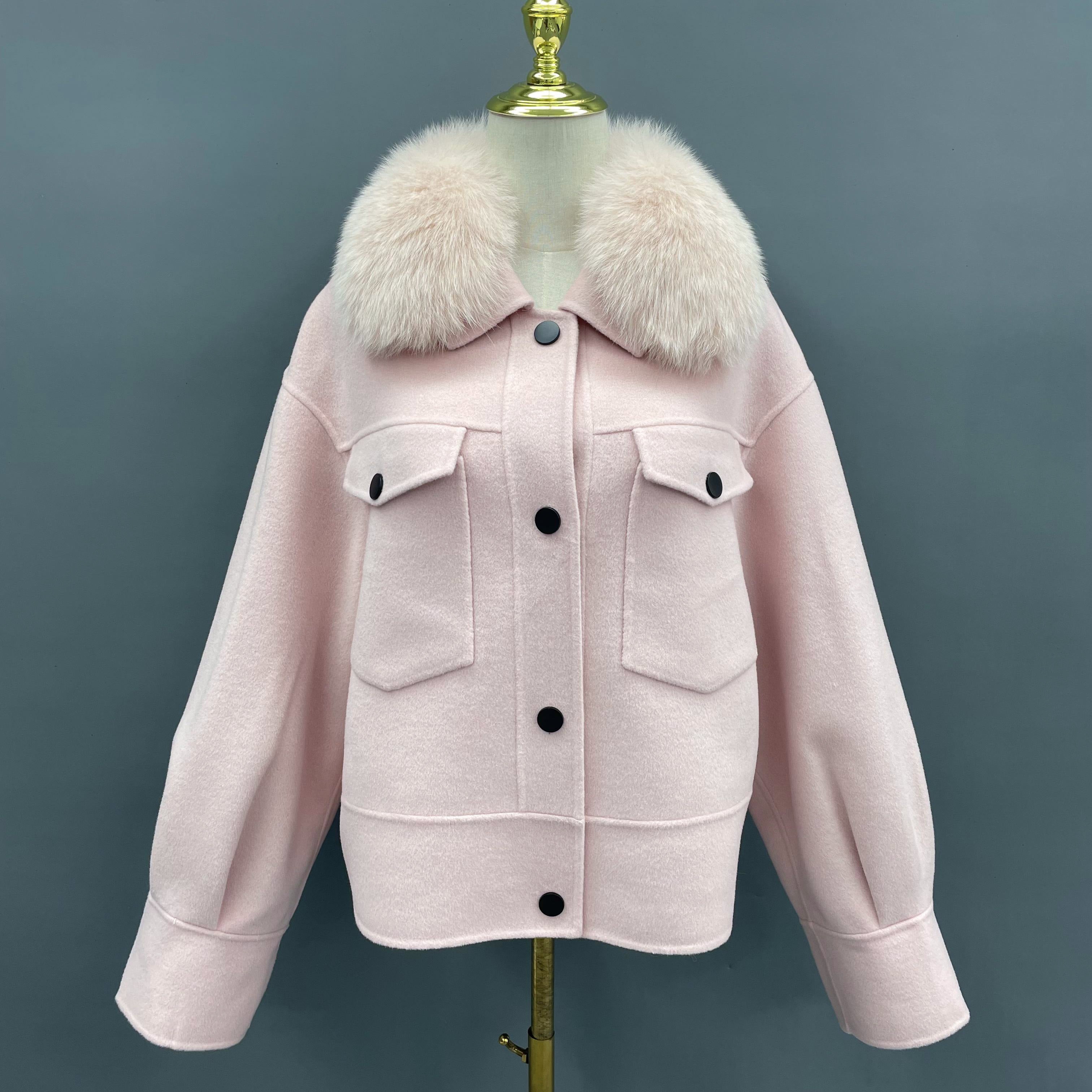 Women's Short Fox Fur Lapel Buckle Fly Casual Cashmere Jacket - Janefur