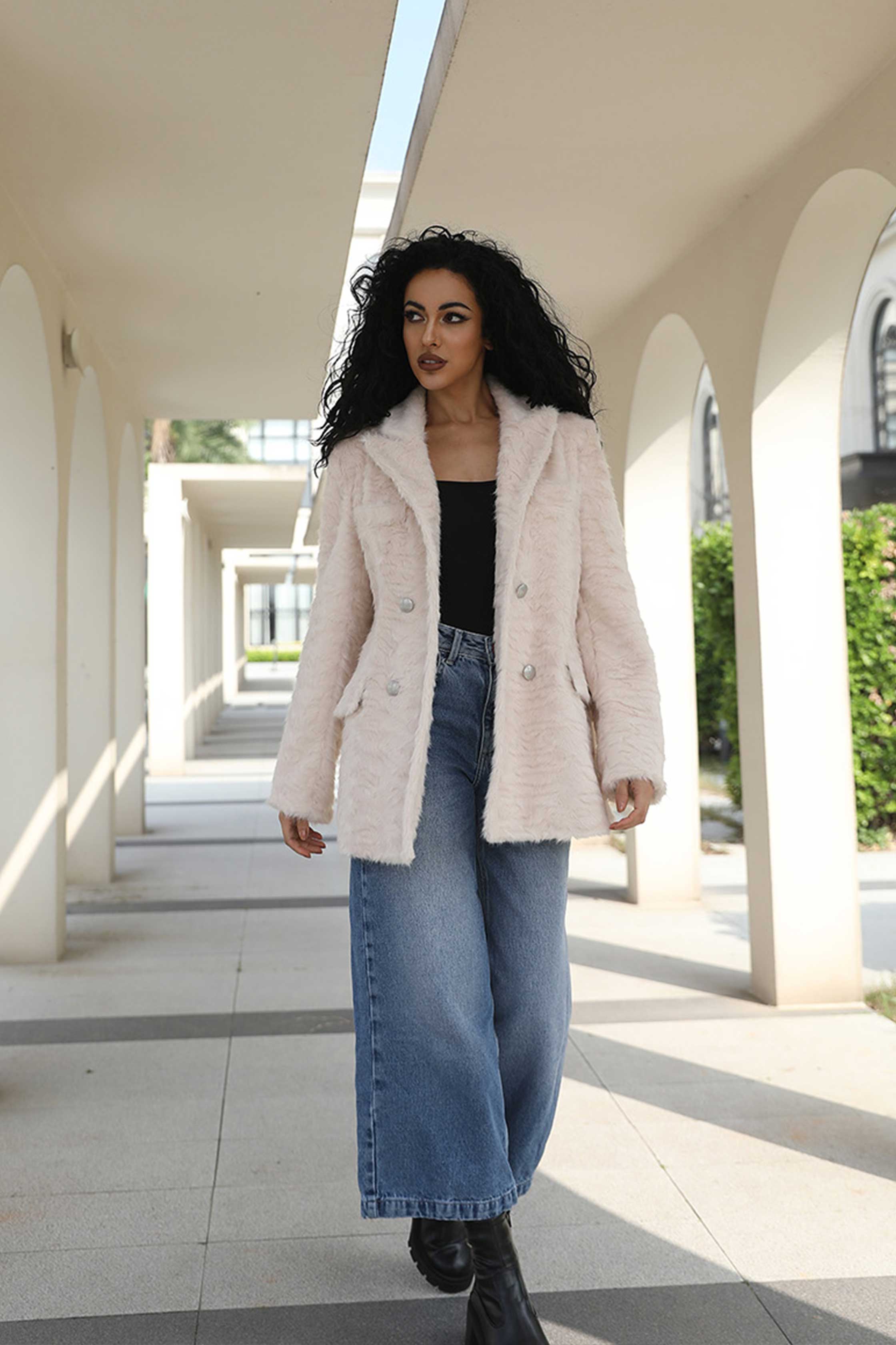 Faux Wool Jacket Women's Blazer Sweet and Cool Collar Eco Friendly Wool Coat - Janefur
