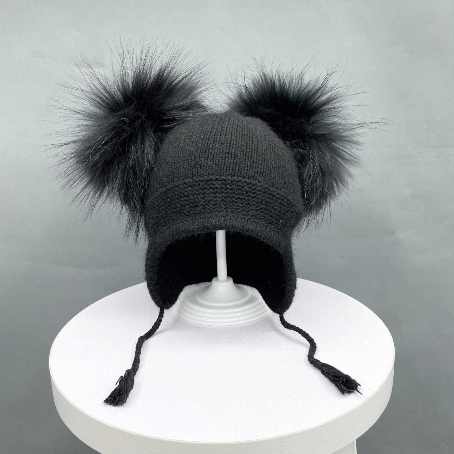 Kids Cute Pigtails Angora Double Raccoon Fur Pom Pom Hat - Janefur