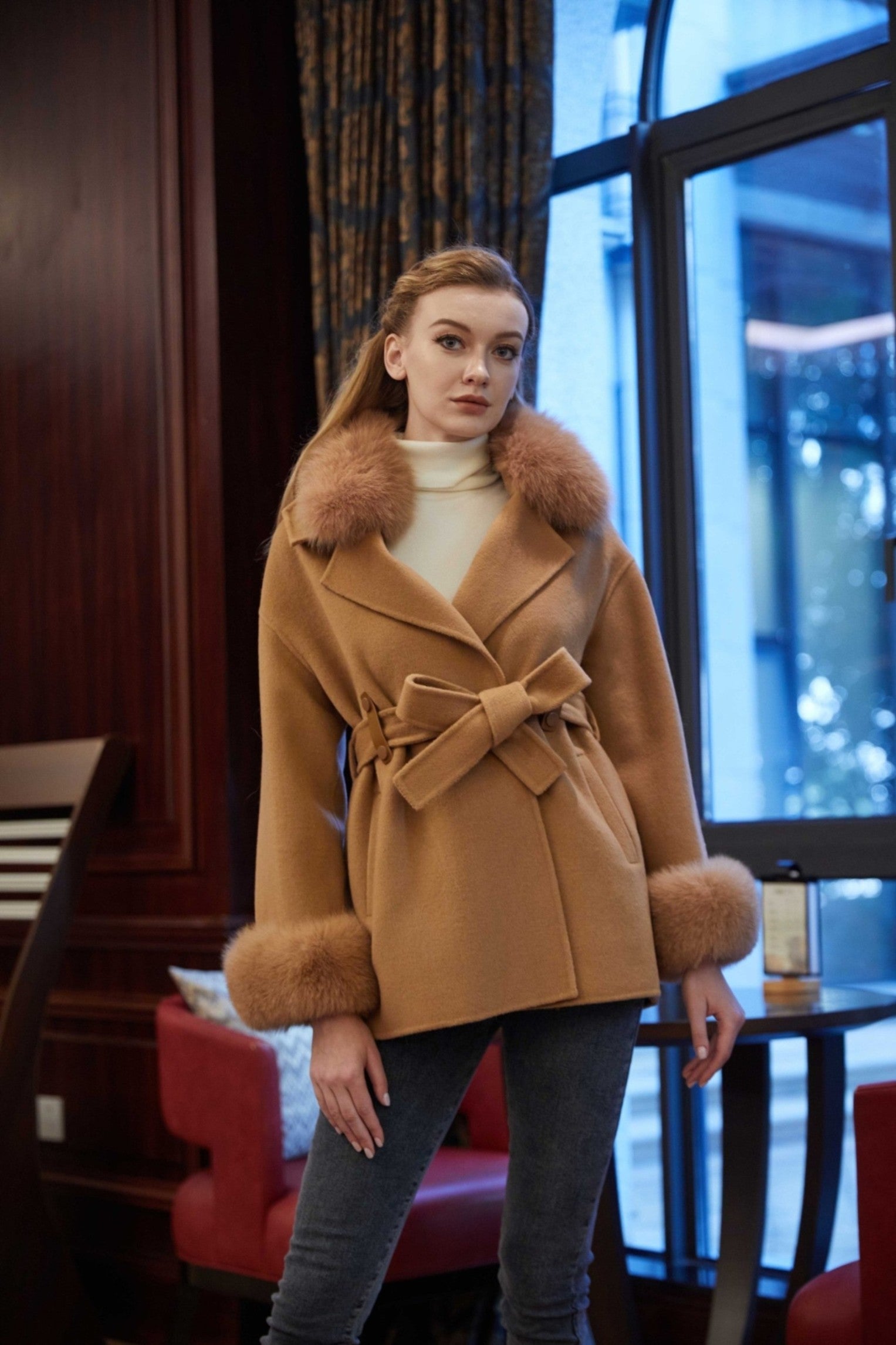 Trendy New Style Fox Fur Collar Short Cashmere Coat For Women - Janefur