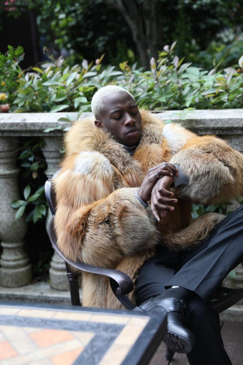 Men's Red Fox Fur Coat with Vertical Stripes and a Hood - Janefur