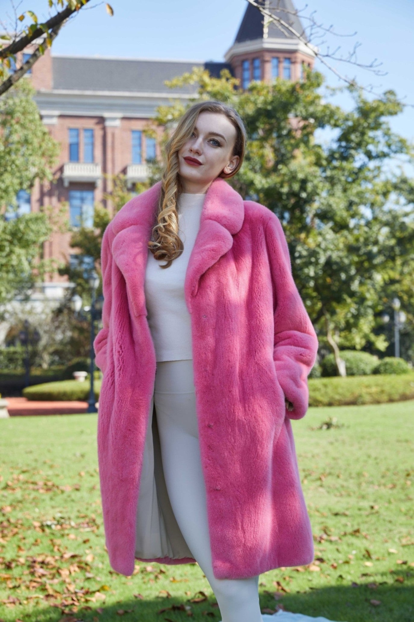 Women's High Quality Suit Collar Mid-Length Mink Pink Coat - Janefur