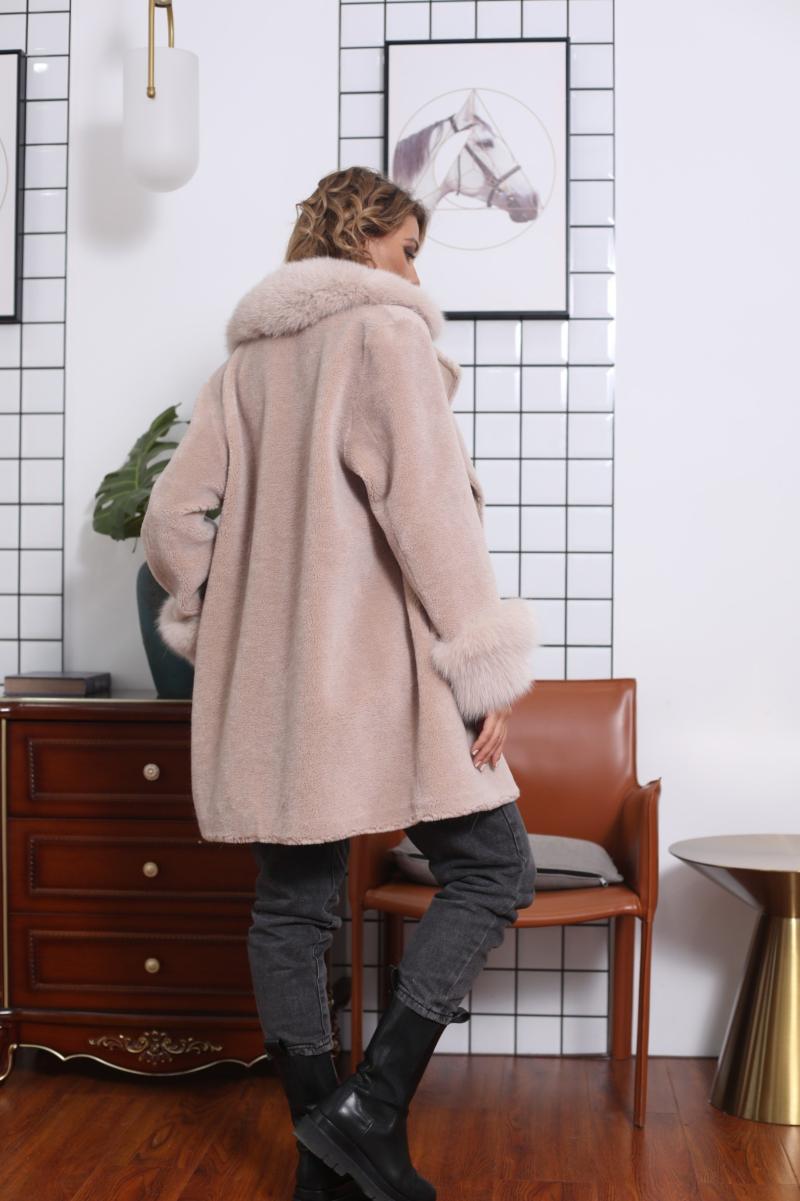 Double-breasted with Cuffed Sleeves Fox Fur Shearling - Janefur