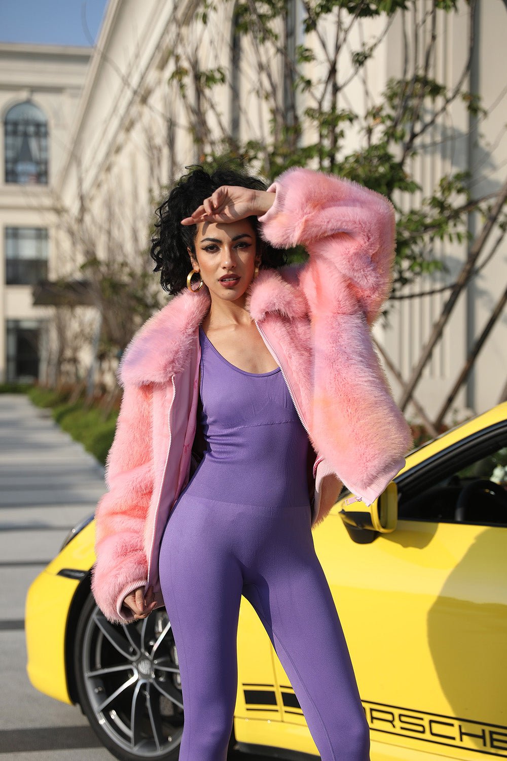 Janefur Lapel Zipper Womens Short Gorgeous Pink Faux Fur Jacket - Janefur