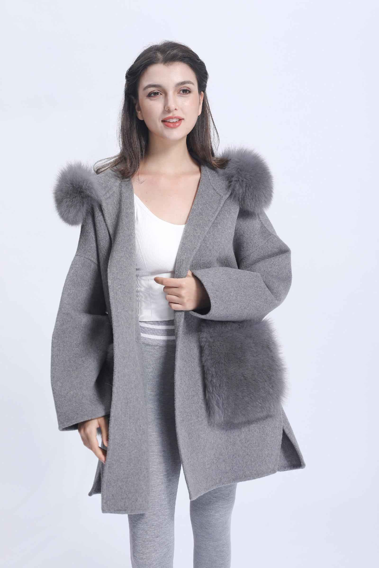 Cashmere Short Coat Women's Fashion Casual Hooded Jacket with Fur Pockets and Fur Collar Double-faced Wool Coat - Janefur