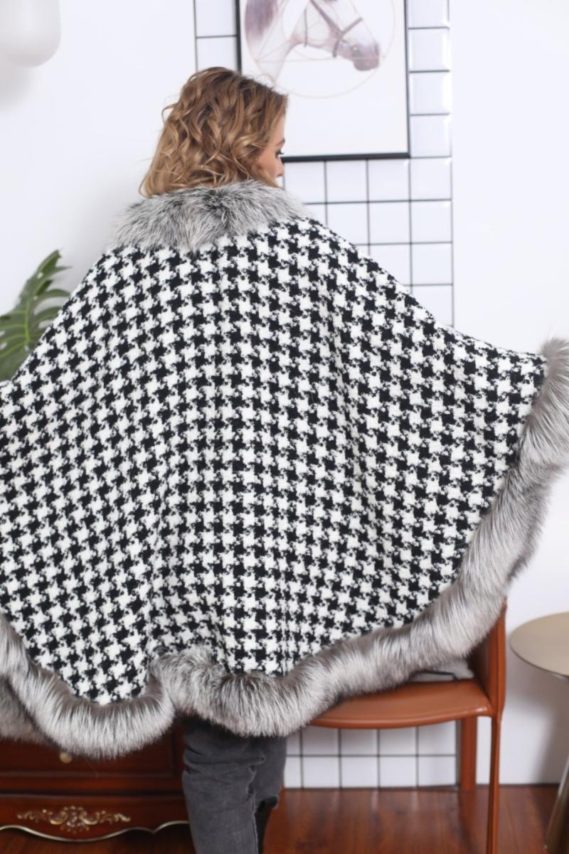 Houndstooth Fox Fur Stripe Cape - Janefur