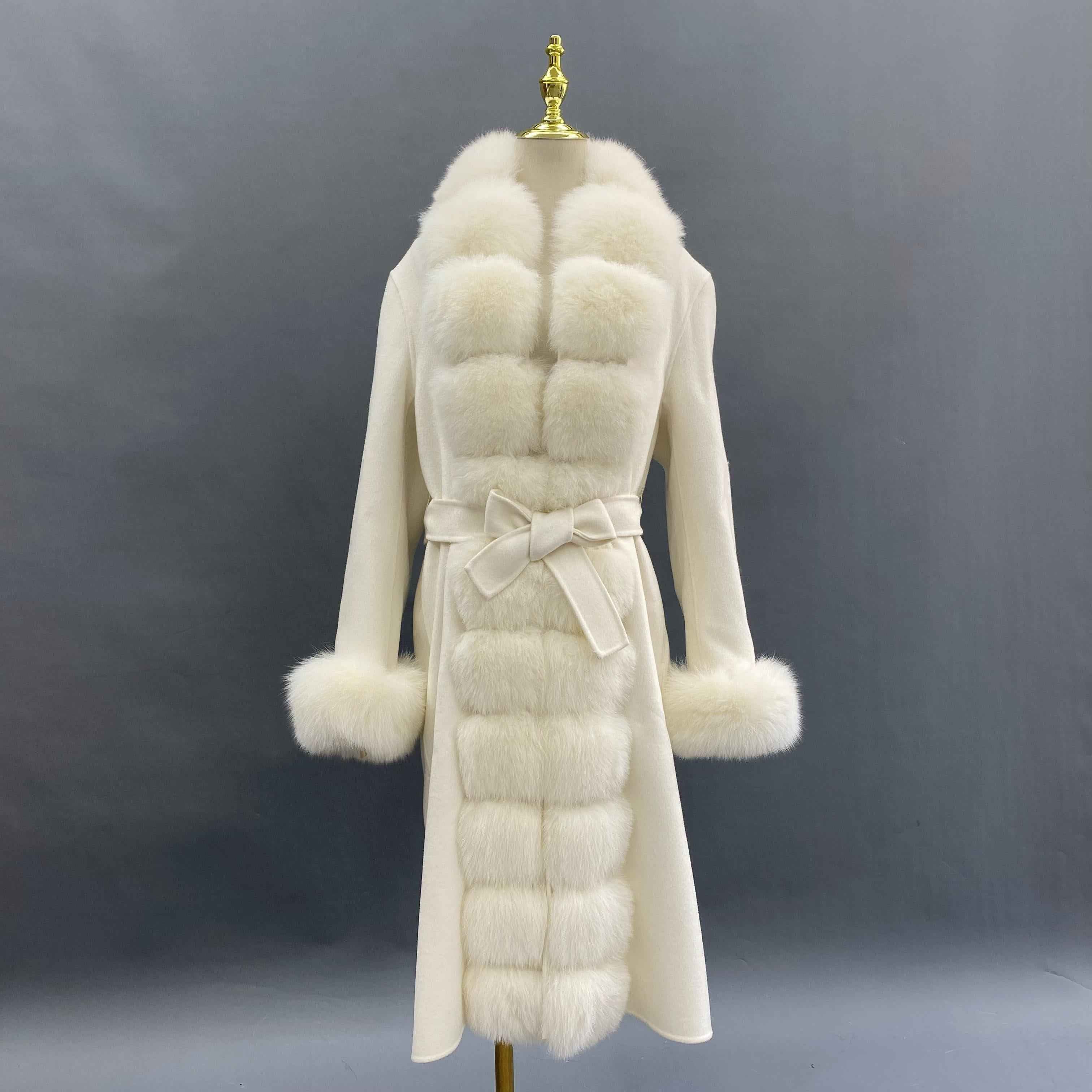 Segmented Fox Fur Front Wool Coat with Fur Cuffs - Janefur