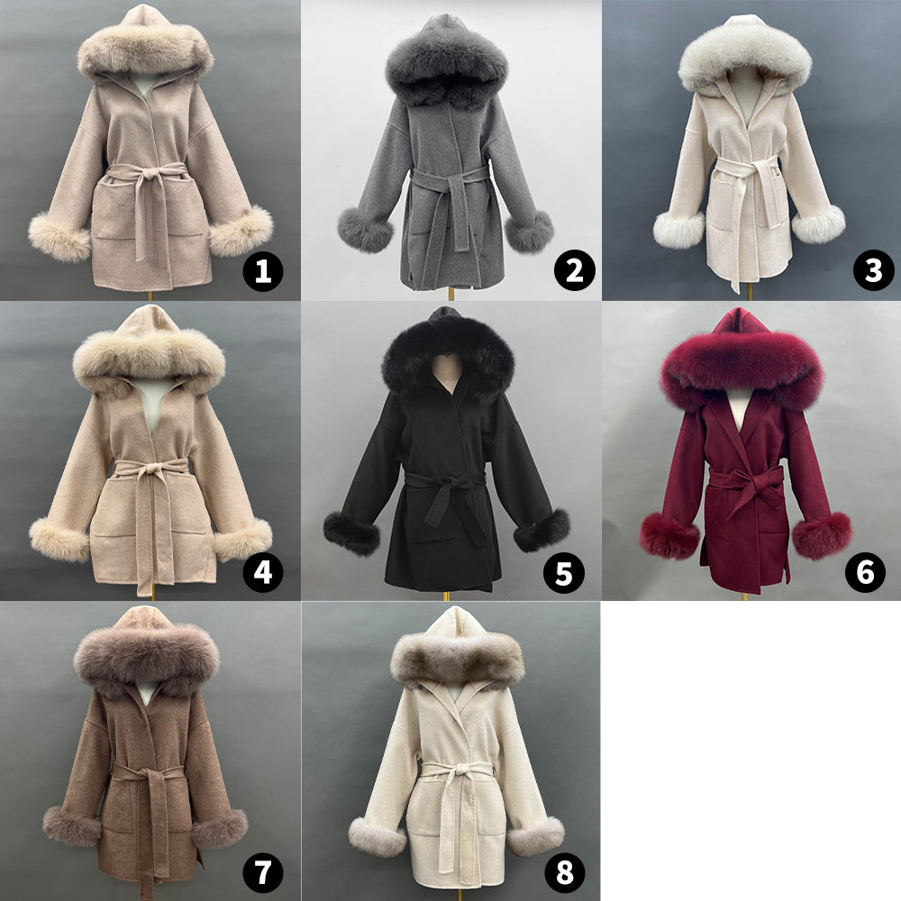 Double - Faced Wool Hooded Coat with Faux Fur Trim on Hood and Cuffs & Tie Waist