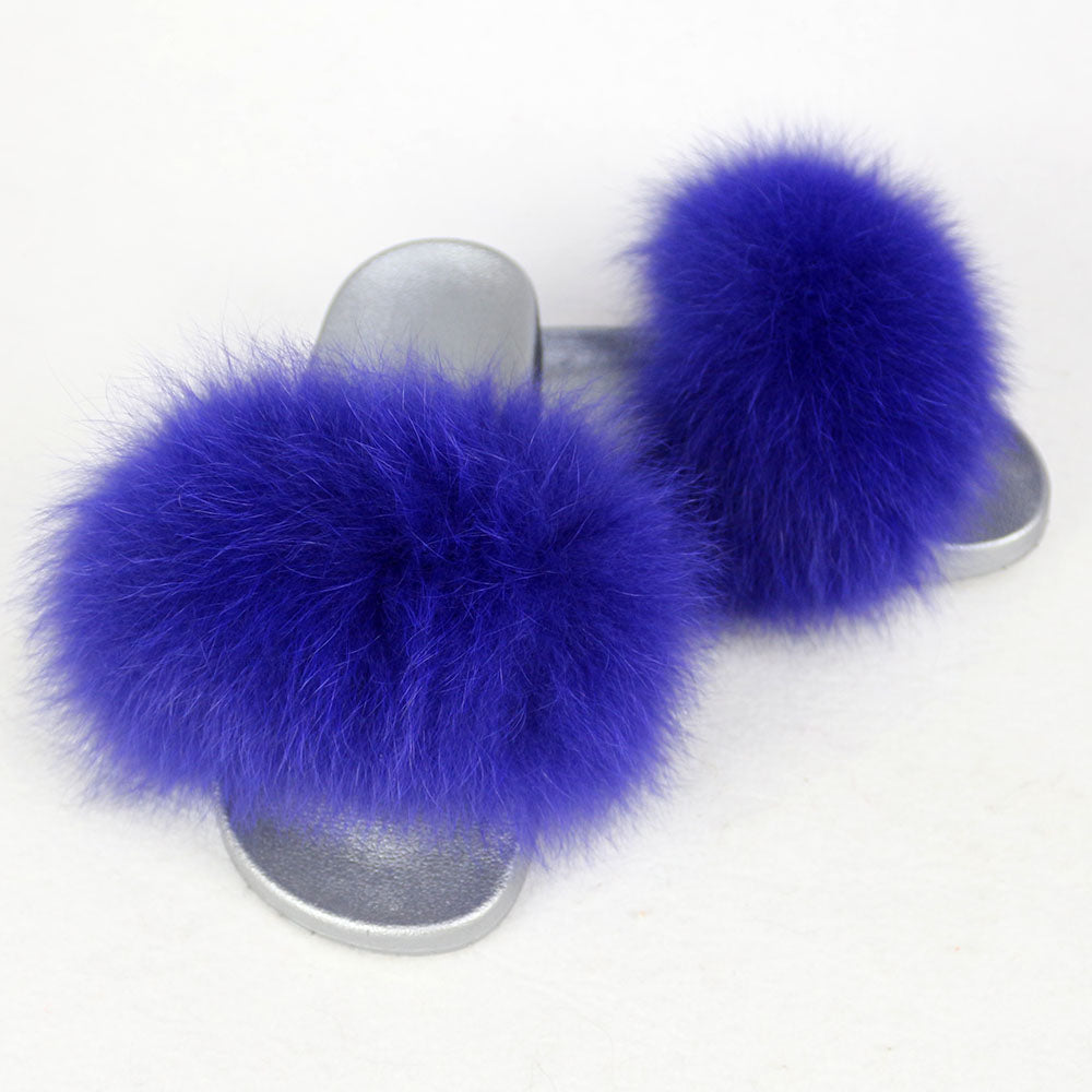 Janefur Wholesale Women's Fashion Slippers With Real Fox Fur Trim (Black, Gold, Silver Soles)
