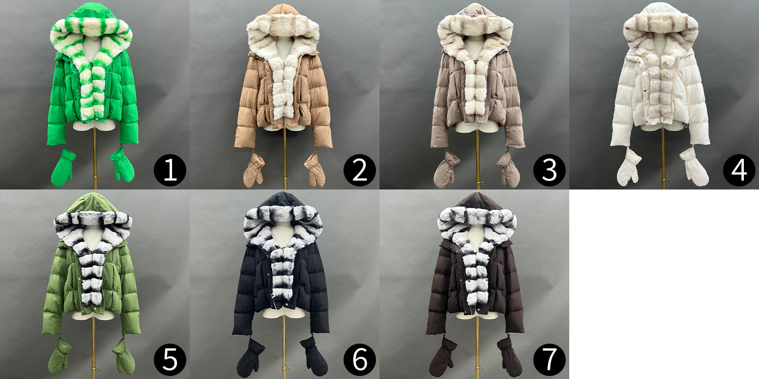 Women’s Beige Down Jacket with Real Rabbit Fur Hood – Detachable Mittens Winter Coat for Warm & Stylish Fashion