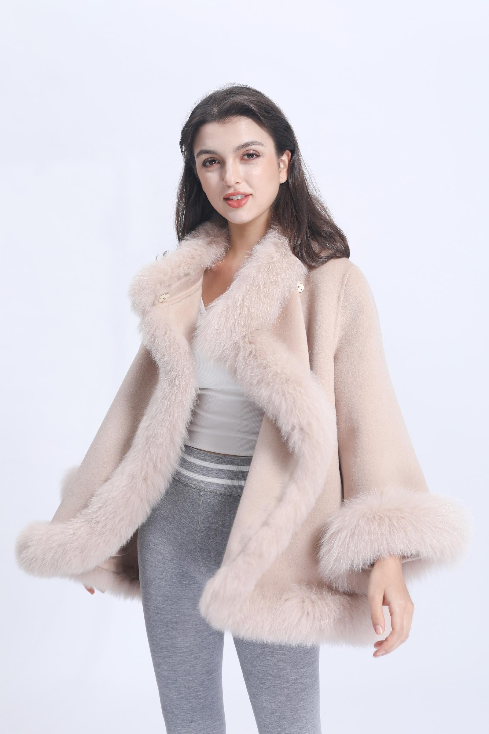 Women Elegant Style Cashmere Coat with Fox Fur Trim Shawl - Janefur