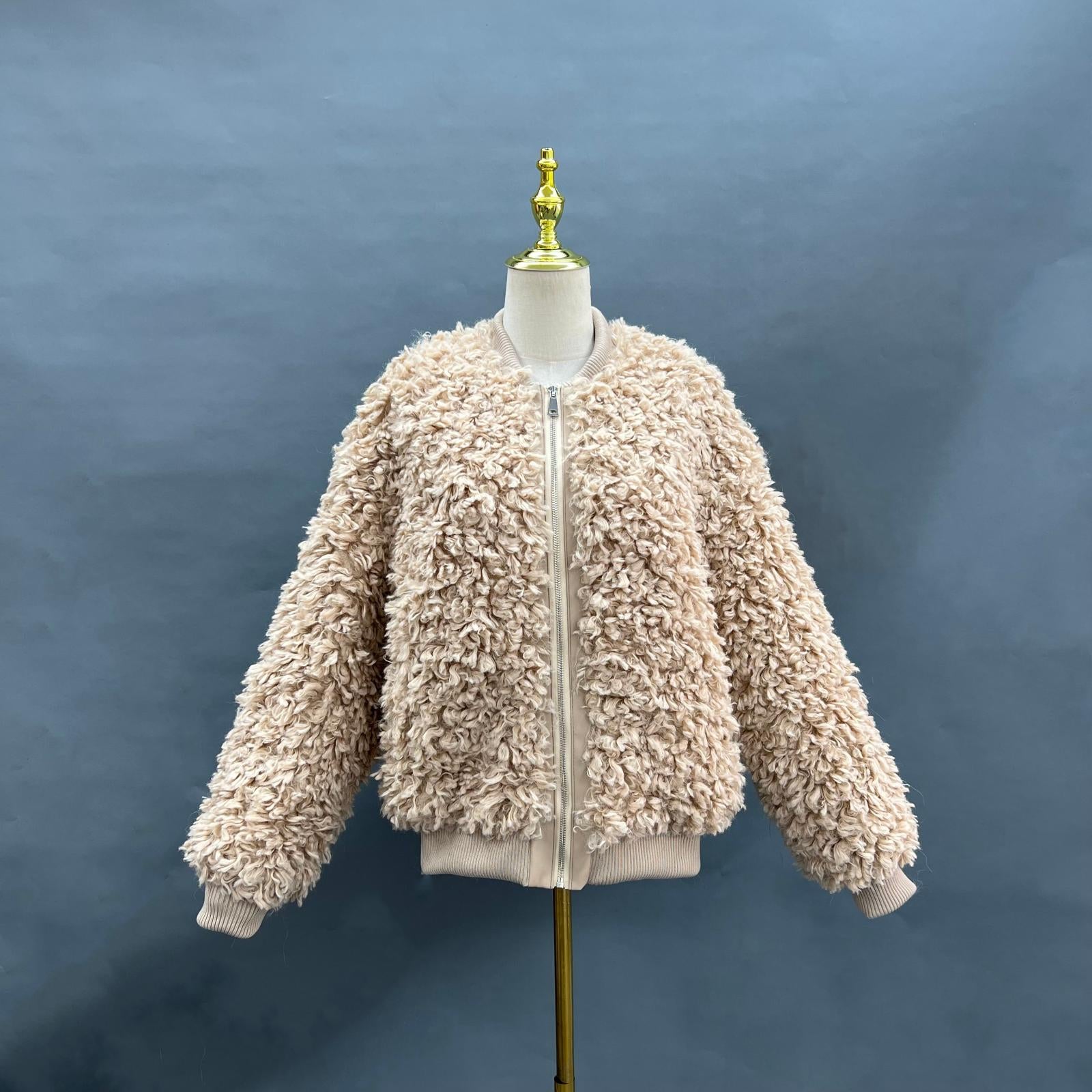 Eco Friendly Wool Baseball Jacket Women's Faux Fur Casual Daily Short Jacket - Janefur