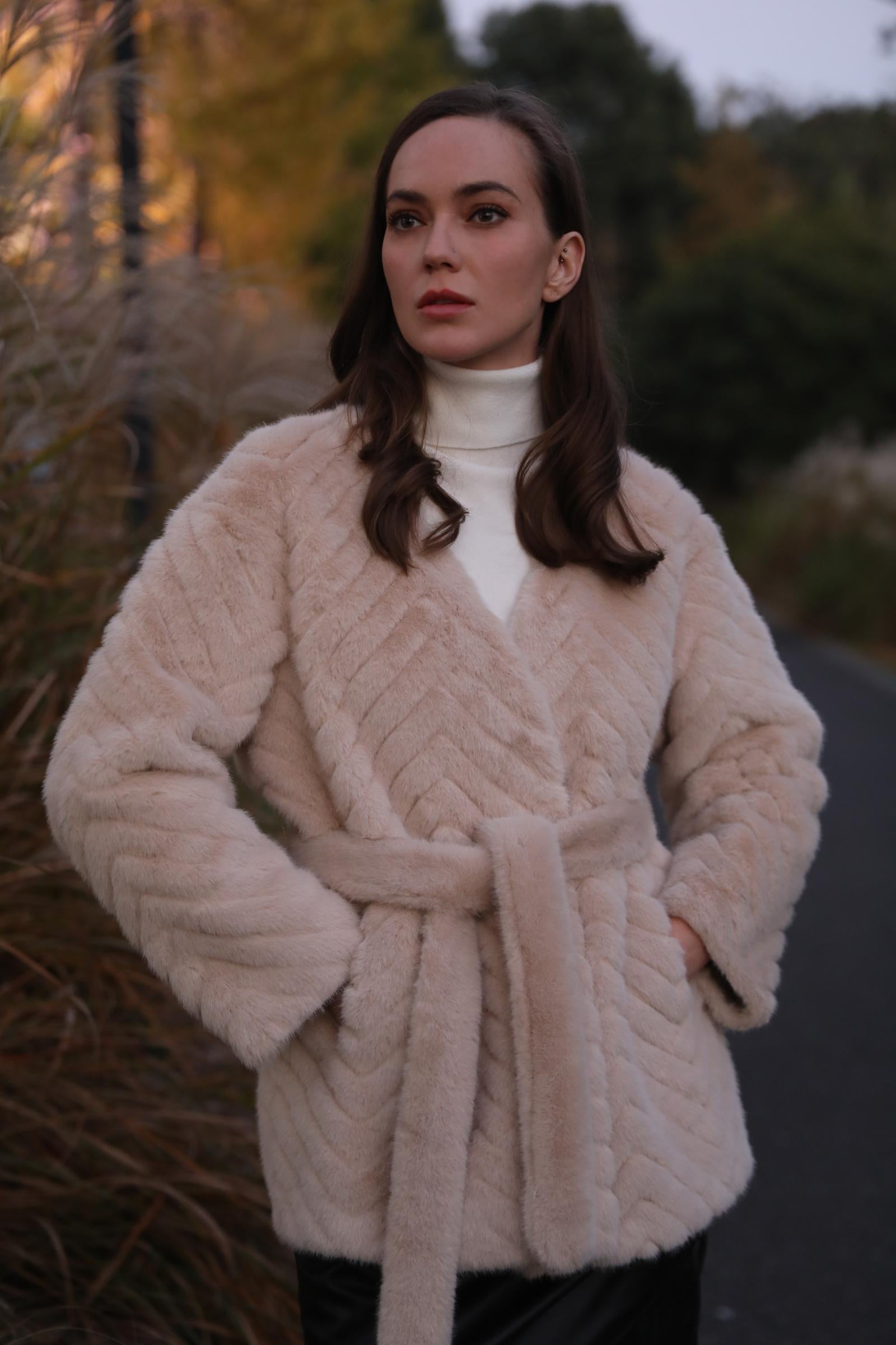 New Women's Winter Diagonal Stripe Waistband Faux Mink Warm Coat - Janefur