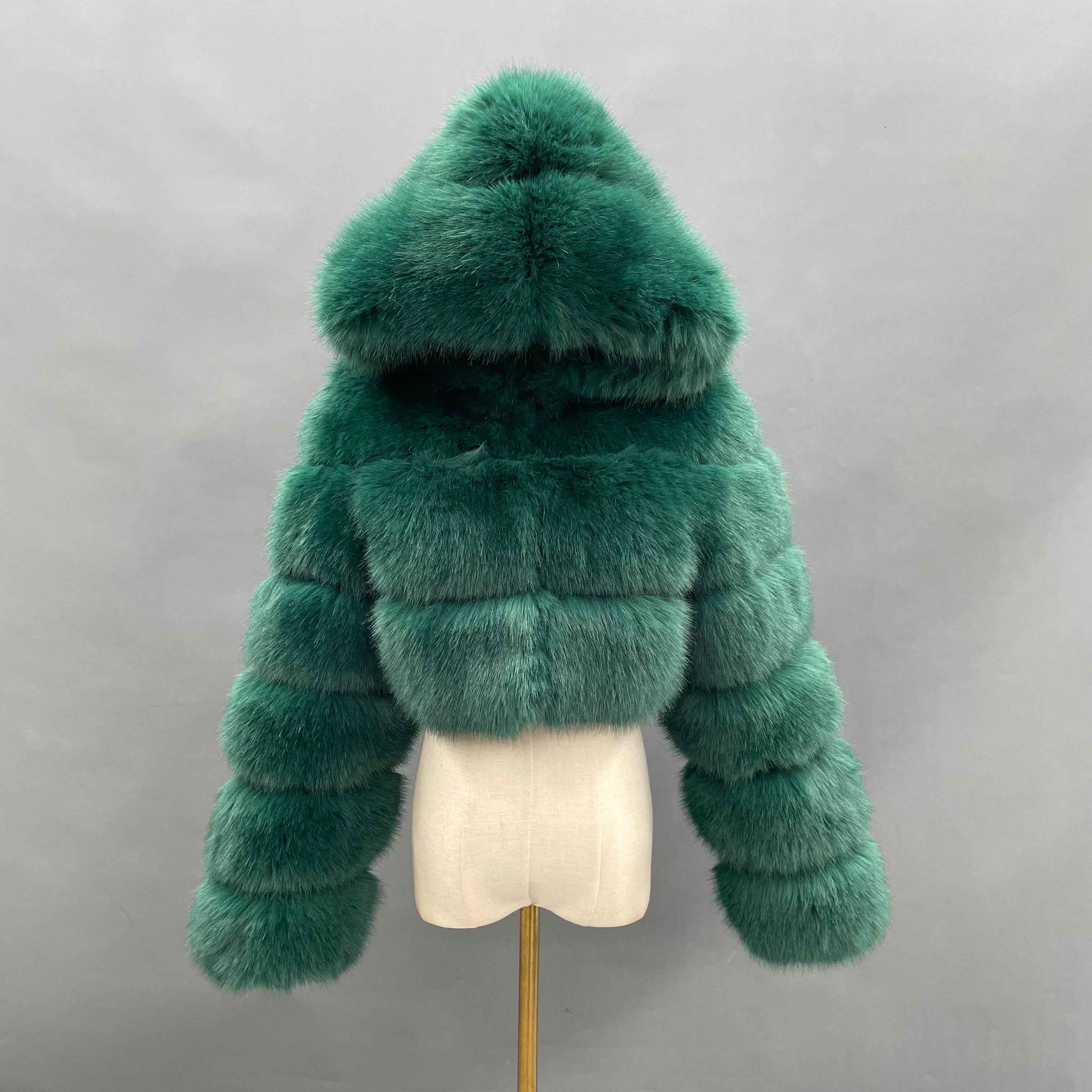 Three - Panel Faux Fur Cropped Hooded Coat