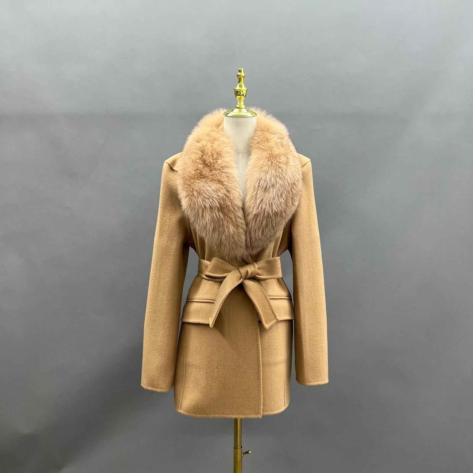 Fox Fur Collar Double-Faced Cashmere Coat for Women with Charming Notched Lapel Waist-Cinching Double-Faced Wool Jacket - Janefur