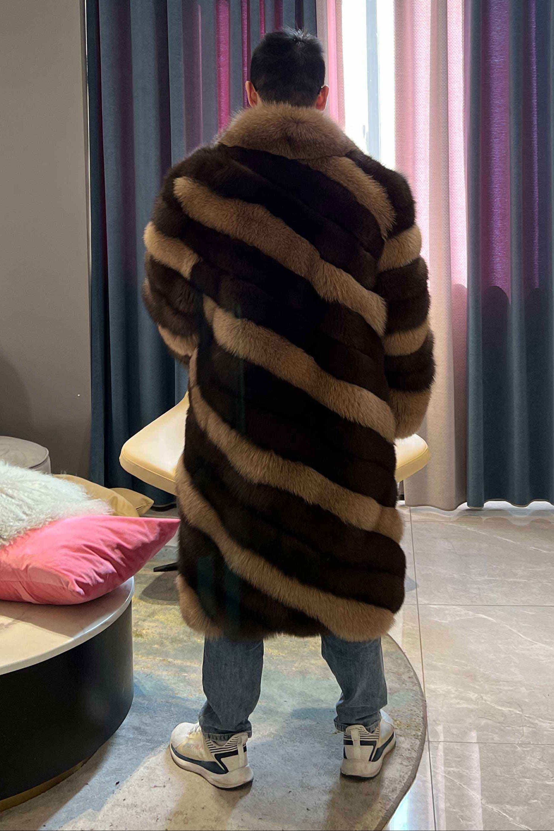 Janefur Mens Colorblock Long Fox Fur Coat