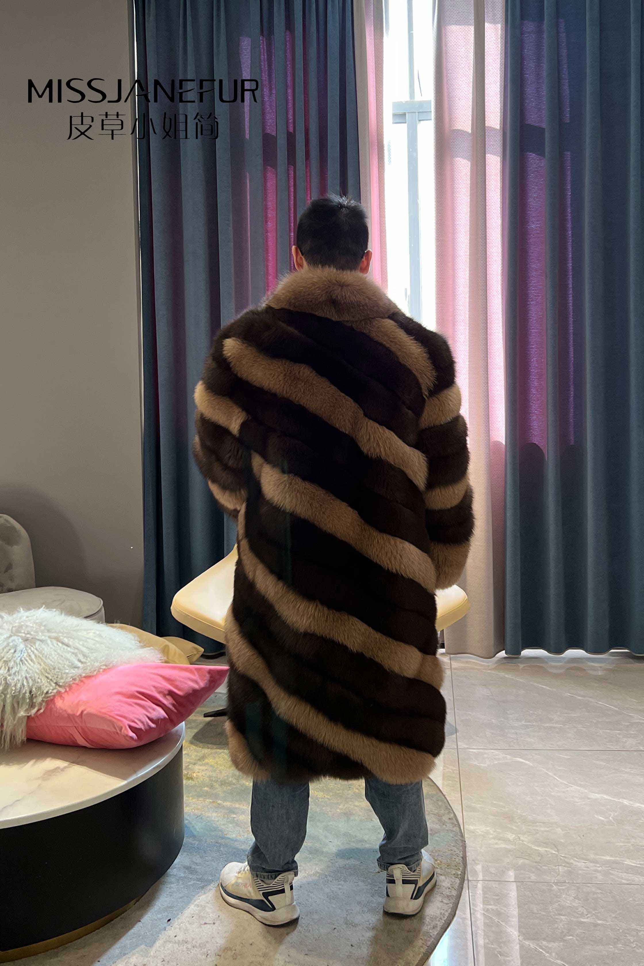 Missjanefur Mens Colorblock Long Fox Fur Coat - Janefur