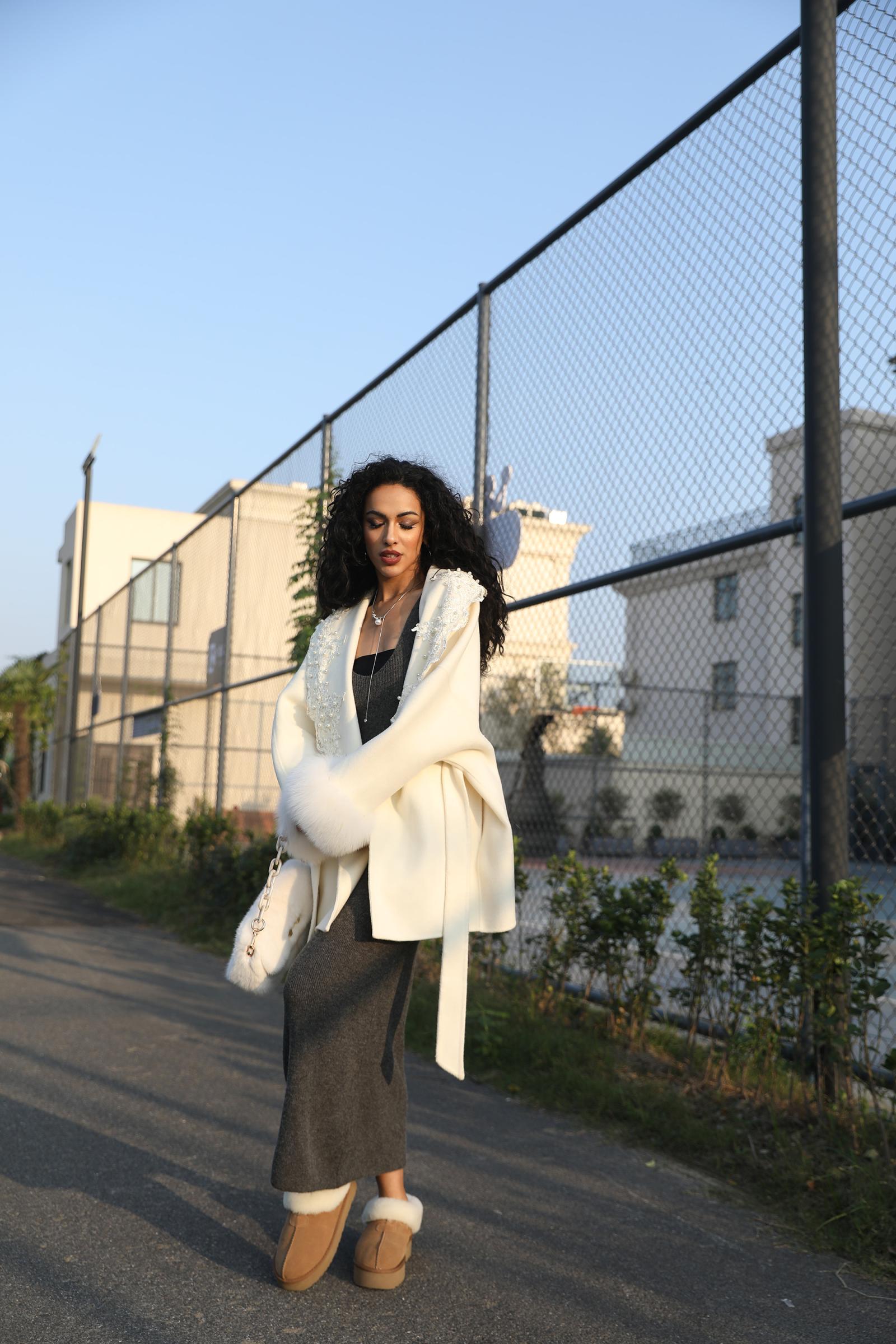 Double-Faced Cashmere Jacket for Women Vintage Lace with Rhinestone Double-Faced Wool Outer Jacket - Janefur