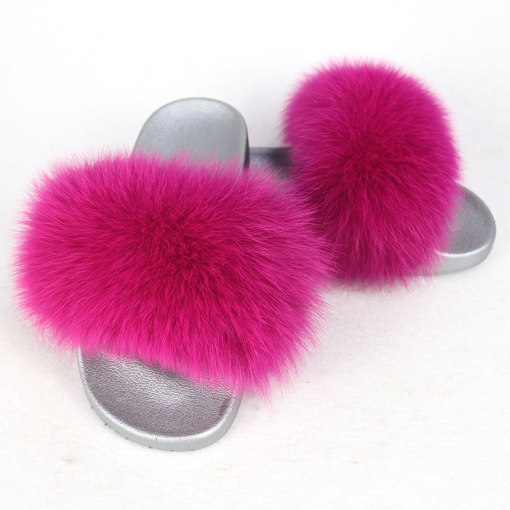 Janefur Wholesale Women's Fashion Slippers With Real Fox Fur Trim (Black, Gold, Silver Soles)