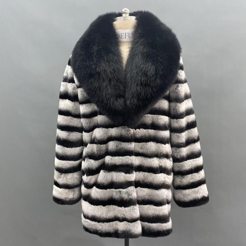 Women's Black Fur Collar Rabbit Fur Coat With Stripes - Janefur